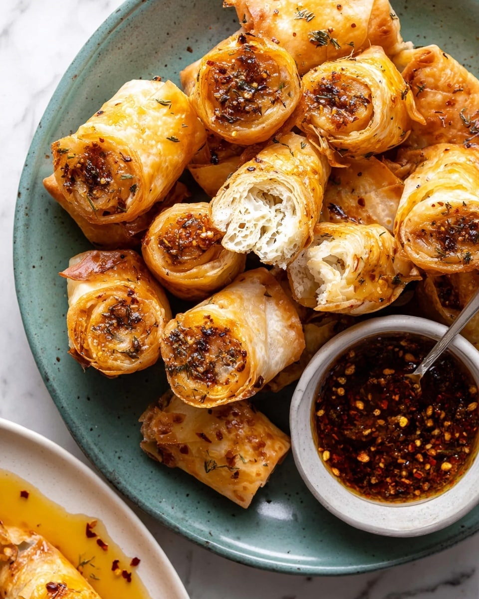 A white round plate is filled with about twelve golden-brown crispy rolls, some of them broken to show a soft white filling inside, with bits of herbs visible. The rolls have a flaky, layered texture with slightly browned edges and a few chili flakes scattered on top. One side of the plate features a small white bowl filled with dark red spicy sauce, oily and textured with chili flakes. Below the plate, part of another white plate is visible with more rolls drizzled in a light honey-yellow sauce with black pepper flakes. The background surface is white marbled texture. Photo taken with an iphone --ar 4:5 --v 7