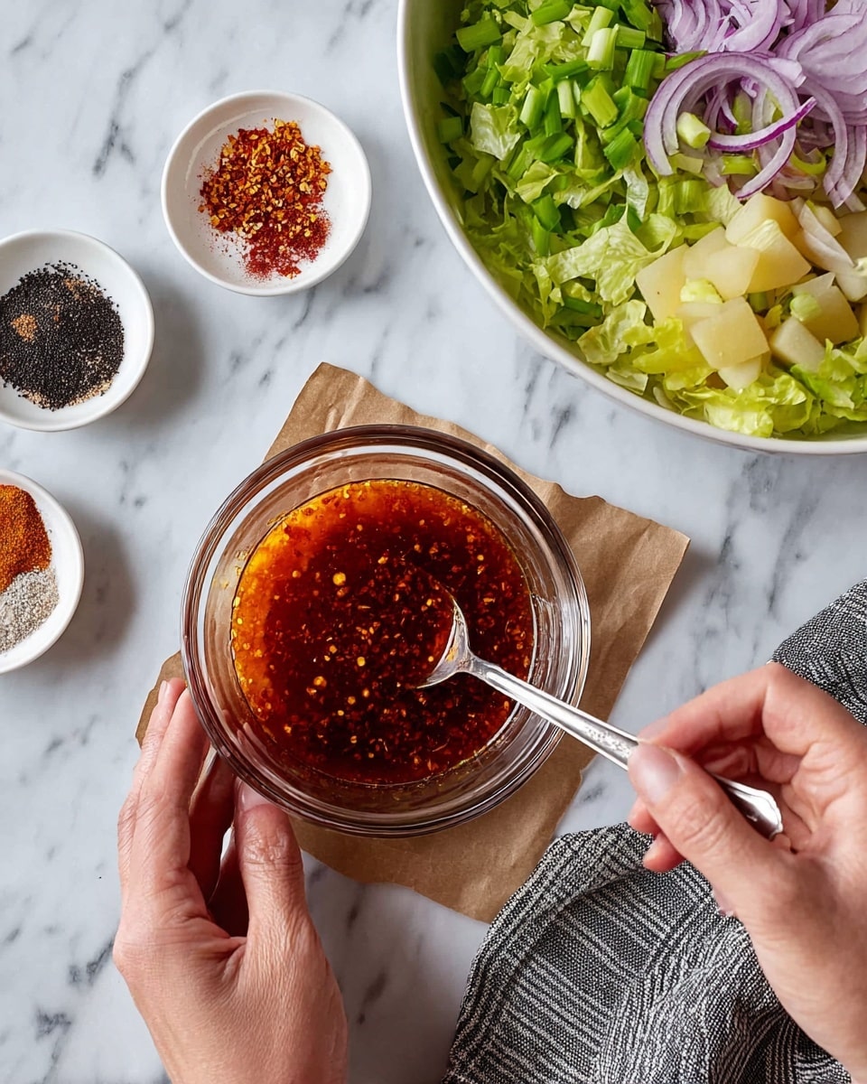 A clear glass bowl filled with a reddish-brown spicy sauce that has visible small chili flakes and seeds is held gently by a woman's hand on the left side, while her other woman's hand stirs the sauce with a silver spoon resting inside the bowl. The bowl sits on a crumpled brown paper square atop a white marbled surface. Above the bowl, there is a large white bowl filled with fresh salad layers including green lettuce, chopped green onions, thinly sliced purple onions, and pale yellow chunks of potato. To the left of the bowl of sauce, there are three small white plates with spices: fine black and white powders on the top plate, crushed dark red spice in the middle plate, and bright orange-red chili flakes on the bottom plate. A gray and white striped cloth napkin lies to the right of the bowl photo taken with an iphone --ar 4:5 --v 7