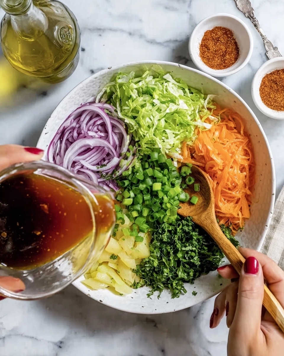 A white bowl filled with chopped green scallions on the top left, thinly sliced purple onions above the center, shredded light green lettuce on the top right, finely chopped dark green herbs on the bottom right, arranged next to bright orange shredded carrots on the bottom left, all sitting on a bed of light yellow potatoes in the center. A woman's hand with red nail polish is pouring a thick dark amber liquid dressing from a glass container into the bowl from the left side, while the other woman's hand holds a wooden spoon on the right side inside the bowl. The bowl is on a white marbled surface with a bottle of olive oil and two small white bowls with green and reddish powder seasoning nearby. photo taken with an iphone --ar 4:5 --v 7