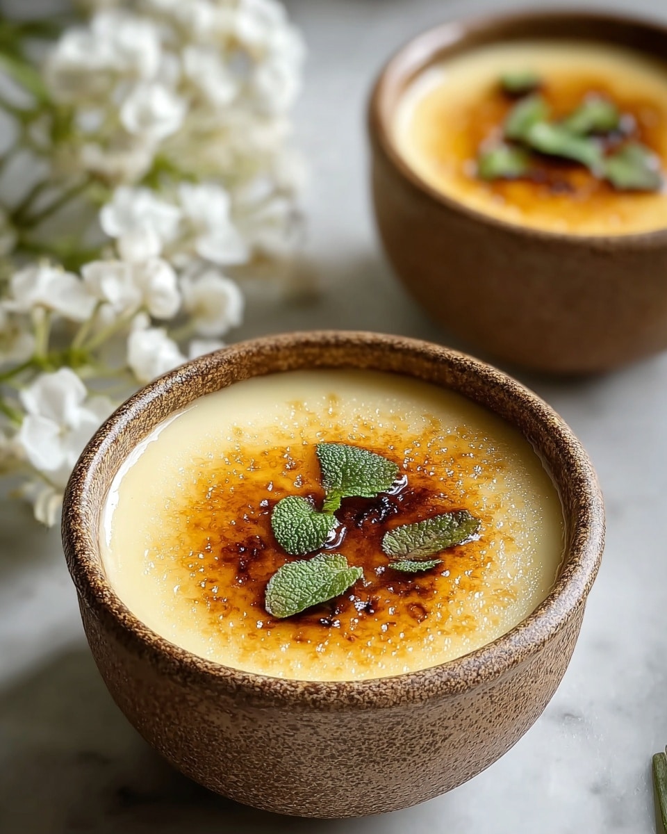 In the image, there is a single white bowl with brown speckles holding a creamy yellow dessert with a caramelized brown top layer, which has a slightly shiny and crunchy texture. In the center of the dessert, there is a small garnish of fresh green leaves, adding a touch of color contrast. The background is a white marbled surface, giving a clean and bright look to the presentation. The bowl is filled almost to the top, showing off the smooth dessert beneath the crispy top layer. photo taken with an iphone --ar 4:5 --v 7