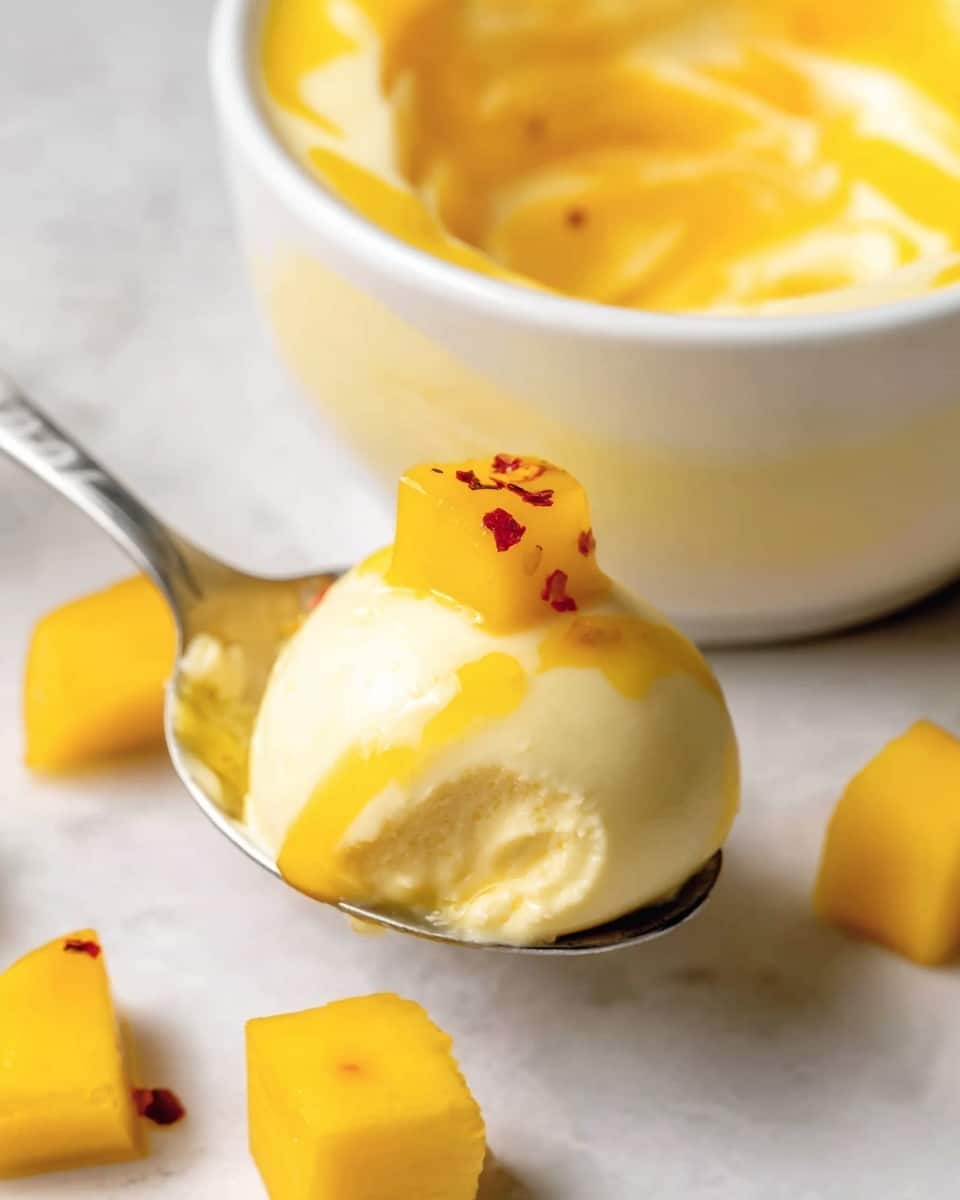 A close-up of a silver spoon holding a scoop of light yellow creamy dessert topped with bright yellow sauce and a small cube of mango sprinkled with red chili powder. In the background, there is a white bowl filled with more of the same dessert, showing swirls of yellow sauce inside it. Around the spoon, several small mango cubes are scattered on a white marbled surface. The image focuses on the smooth texture of the dessert and the vivid colors of the mango and sauce, creating a fresh and inviting look. photo taken with an iphone --ar 4:5 --v 7