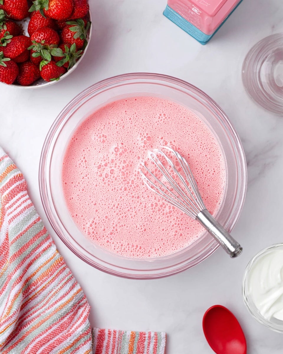 A clear glass bowl filled with a smooth pink mixture with tiny bubbles on the surface, and a silver whisk resting inside the bowl on the right side. The bowl is placed on a white marbled surface, surrounded by fresh whole strawberries in the top left corner, a small container of white creamy substance at the bottom right, a red mixing spoon below the bowl, and a pink and white stripe kitchen towel with a clear bottle at the top right. A pink and blue small box is seen to the left near the strawberries. photo taken with an iphone --ar 4:5 --v 7