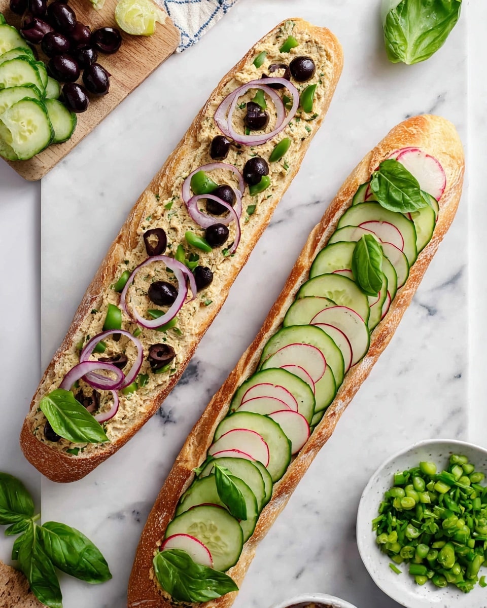 The image shows two long open-faced sandwiches on a white marbled surface. Each sandwich is built on a single long piece of baguette bread with a light, slightly toasted crust. The sandwich on the left has a base layer of a creamy beige spread with green specks, topped with black olives cut in halves and scattered along its length, green bean pieces underneath some olives, and finished with rings of thinly sliced red onions placed evenly on top. The sandwich on the right features alternating layers of thin cucumber slices and thin radish slices laid over the bread, with fresh bright green basil leaves spaced on top of the slices. To the right is a small white bowl filled with chopped green beans, and on the left, a white plate with black olives and a wooden board with fresh basil leaves and sliced cucumber. The whole scene is natural and fresh, with a casual and clean setting. Photo taken with an iphone --ar 4:5 --v 7
