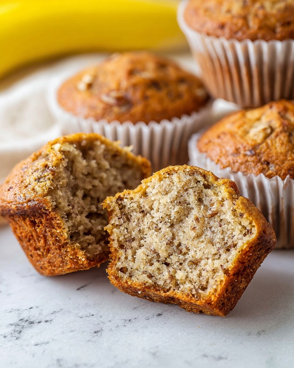 The image shows a close-up of several banana nut muffins on a white marbled surface. In the front, one muffin is cut in half, displaying its light brown interior with visible small dark brown specks and bits of nuts inside. The muffin has a soft, crumbly texture, while the outside is slightly darker and appears moist. Behind the halved muffin, there are three whole muffins with rounded tops and a golden-brown color, each sitting in white paper liners. A yellow banana is faintly visible in the background on the left, adding a hint of color contrast. The scene is softly lit, emphasizing the texture and warm tones of the muffins. Photo taken with an iphone --ar 4:5 --v 7