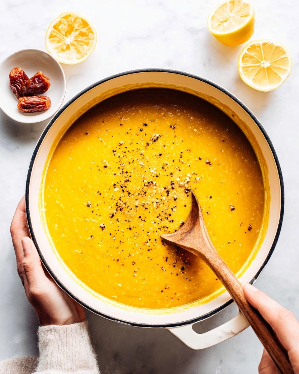 A white pot with a black rim holds a thick, bright yellow-orange soup being stirred by a wooden spoon held by a woman’s hand at the bottom right. The soup has a smooth texture with some small lumps and black pepper sprinkled on top near the center. The pot is held by a woman’s hand on the left handle against a white marbled surface. Near the pot, there are two lemon halves, one fully halved and the other juiced, along with a small white bowl containing two pieces of red dates. Photo taken with an iphone --ar 4:5 --v 7