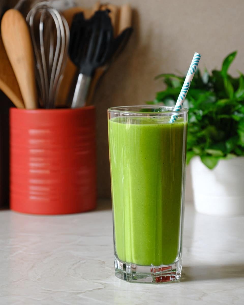 A clear tall glass filled with bright green smoothie sits in the center. The smoothie is smooth in texture, filling the glass nearly to the top, with a white and blue striped straw placed inside. The background shows a red container holding kitchen utensils with wooden and black handles, and a green leafy plant in a white pot is peeking from the side. The glass is placed on a white marbled surface. photo taken with an iphone --ar 4:5 --v 7