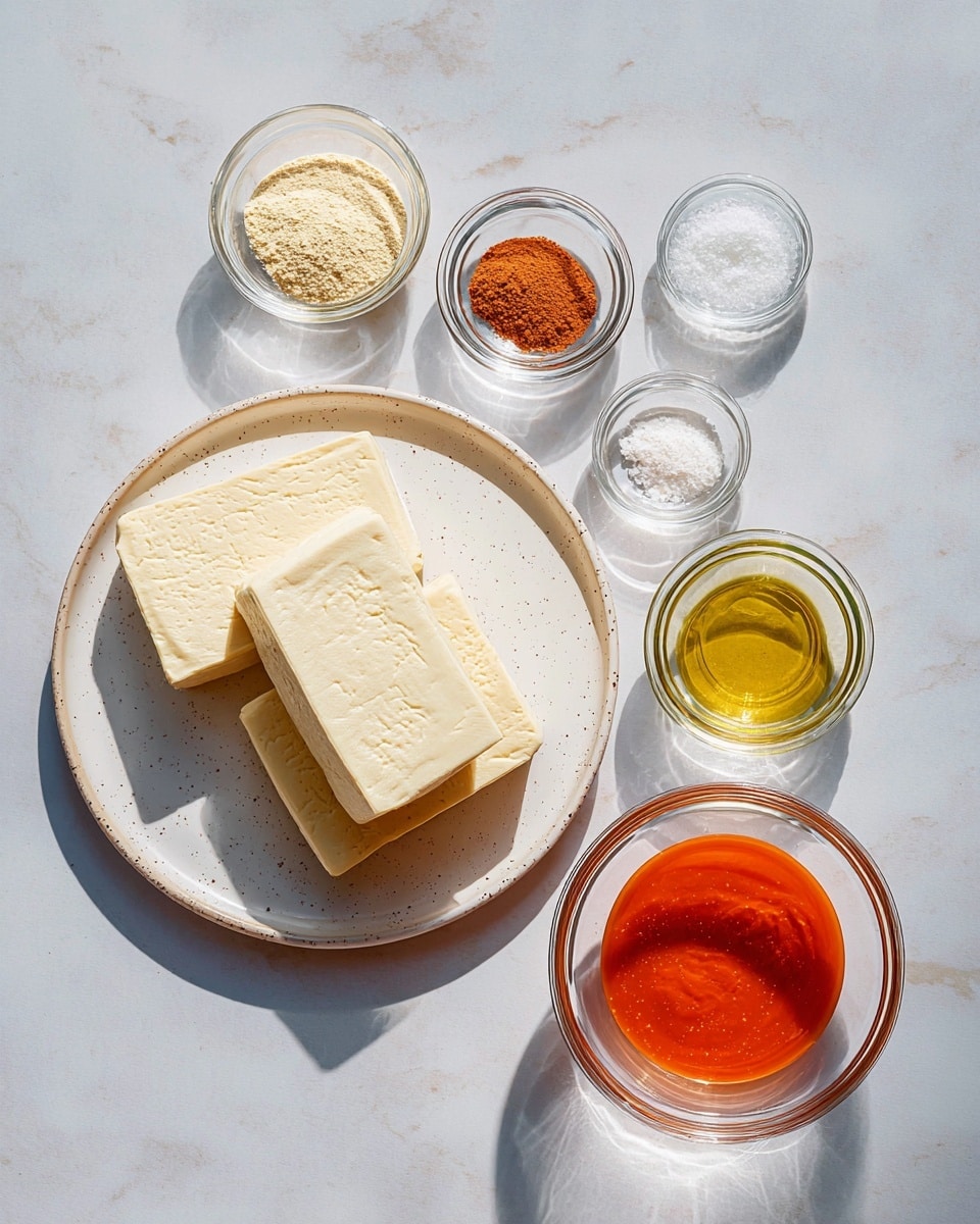 Two pale yellow rectangular blocks of tofu with smooth, slightly creased surfaces lie on a white plate with subtle brown speckles, positioned slightly angled next to each other. Surrounding the plate on a white marbled texture surface are five small clear glass bowls: three contain powders in beige, light brown, and reddish orange colors, one holds golden-yellow oil, and another has white salt. Below the plate, a larger clear glass bowl is filled with a bright reddish-orange liquid sauce, casting soft shadows. The whole arrangement is lit brightly with natural light, creating subtle shadows and a clean, fresh look. Photo taken with an iphone --ar 4:5 --v 7