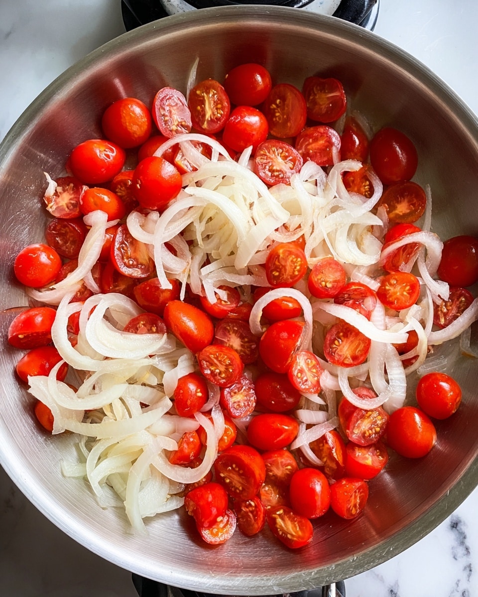A round silver pan filled with two main layers of ingredients: the bottom layer is made up of bright red whole and halved cherry tomatoes, while the top layer consists of thin, translucent, white onion slices spread unevenly over the tomatoes. The pan is placed on a stove with black elements visible around the edges, and the image background shows a white marbled texture. The tomatoes shine slightly under the light, showing their smooth, juicy texture, and the onions add a light, delicate contrast with their soft, curled shapes. Photo taken with an iphone --ar 4:5 --v 7