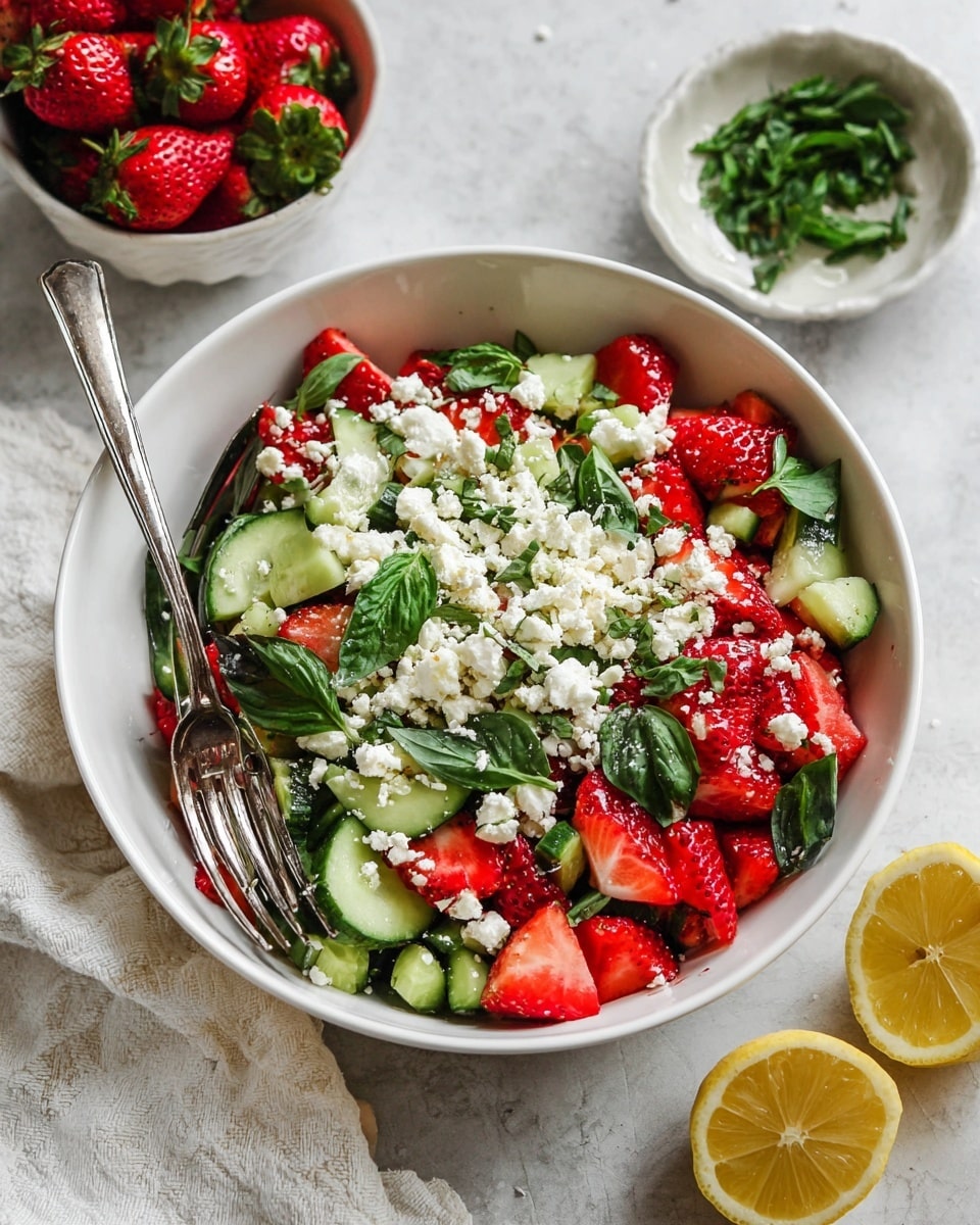 A white bowl filled with a colorful salad sits on a white marbled surface. The salad has three main layers: bright red sliced strawberries and green cucumber pieces form the base layer, topped with crumbled white cheese scattered evenly, and finished with thin strips of fresh dark green basil leaves spread all over. Next to the bowl, a white cloth is gently folded, while a metal fork and spoon rest inside the bowl on the left side. Around the bowl, there is a white bowl of whole strawberries at the top left, a small white bowl with chopped basil leaves at the top right, and two halves of a yellow lemon at the bottom right. photo taken with an iphone --ar 4:5 --v 7
