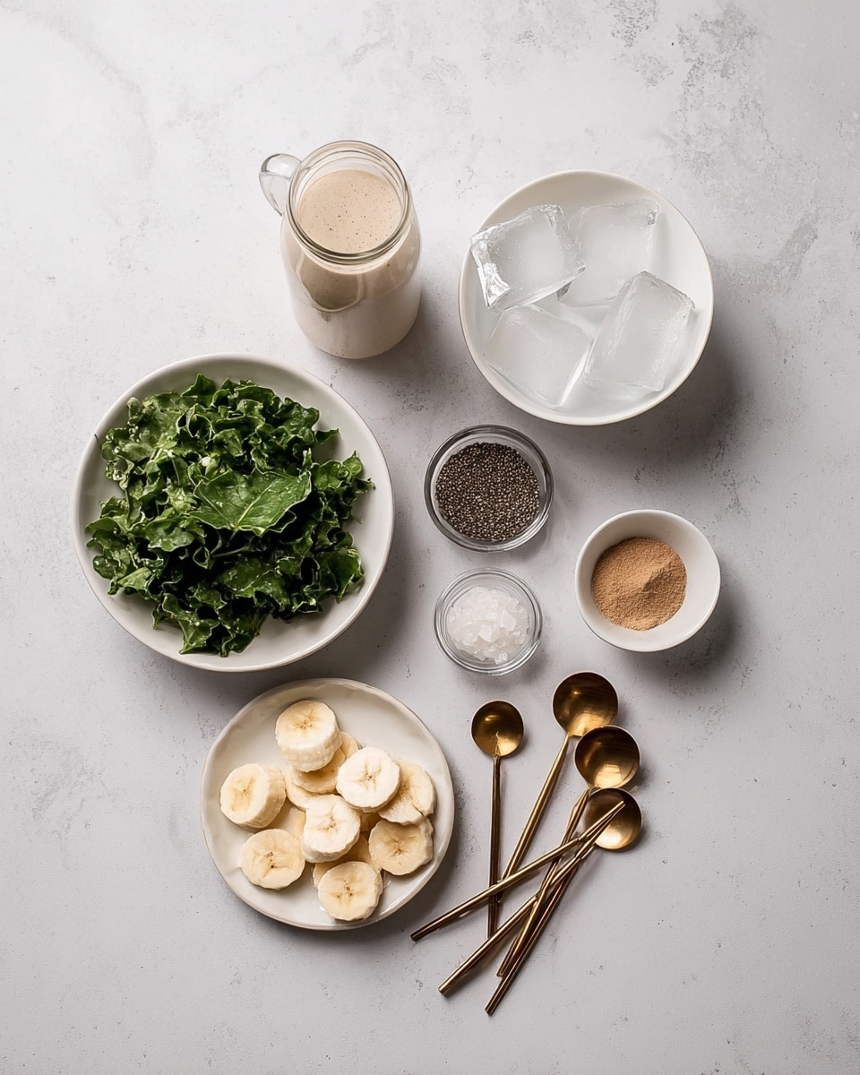 The image shows ingredients placed on a white marbled surface, including a small glass bottle filled with a light beige liquid, a white bowl with clear ice cubes, a white bowl filled with chopped green leafy vegetables, a small white bowl with light brown powder, a small transparent bowl with tiny black seeds, a white plate with sliced banana pieces, and a set of gold measuring spoons spread out below the banana plate. Photo taken with an iphone --ar 4:5 --v 7