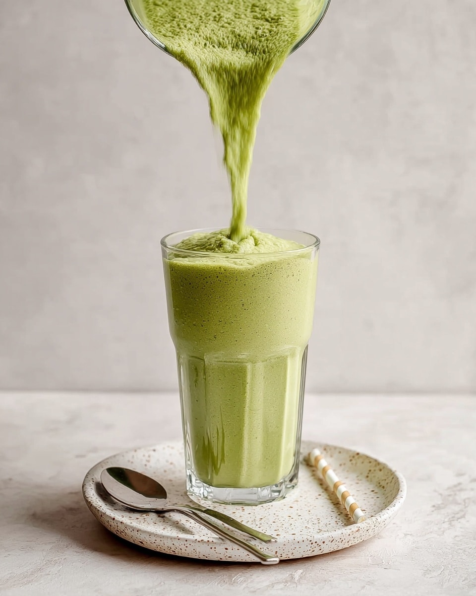 A tall clear glass filled with light green smoothie with a thick and creamy texture, being poured from above in a steady stream. The glass sits on a white speckled plate with circular patterns. On the plate, next to the glass, there is a thin silver spoon and a white and light brown striped paper straw. The background and surface have a white marbled texture, giving the scene a clean and soft look. photo taken with an iphone --ar 4:5 --v 7