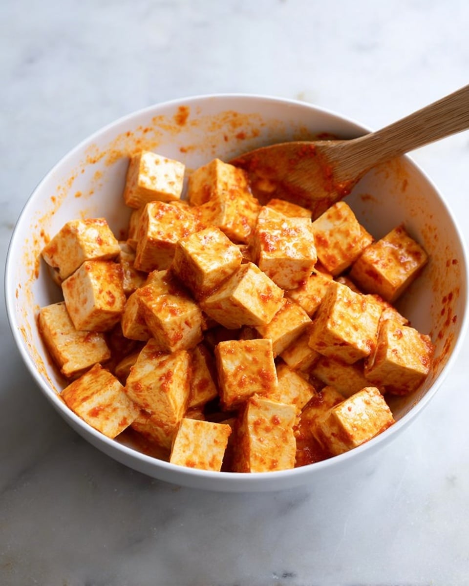 A white bowl filled with small cubes of tofu covered in an orange-red sauce. The tofu pieces are stacked closely together, showing a smooth texture with some sauce coating. There is a wooden spoon inside the bowl with some sauce on it, resting on the right side. The inside of the bowl has splashes of the sauce around the edges. The bowl sits on a white marbled surface. photo taken with an iphone --ar 4:5 --v 7