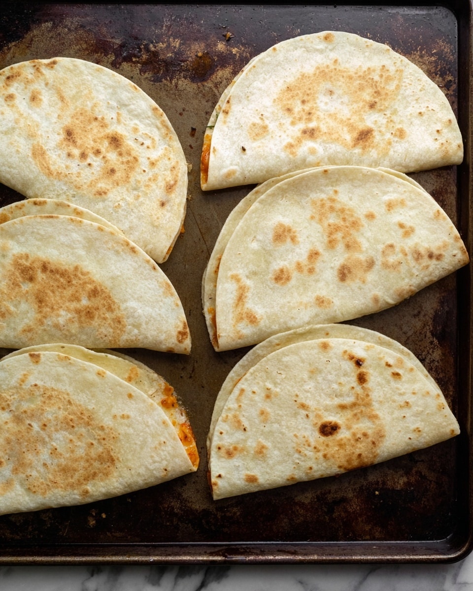 The image shows six soft tortillas folded in half and placed on a dark baking tray with some brown spots and marks. Each tortilla is light beige with slight browning and small spots of darker brown from cooking. The tortillas are arranged in a way that they slightly overlap and show a bit of the orange and brown filling peeking out from inside. The tray is on a white marbled surface. photo taken with an iphone --ar 4:5 --v 7