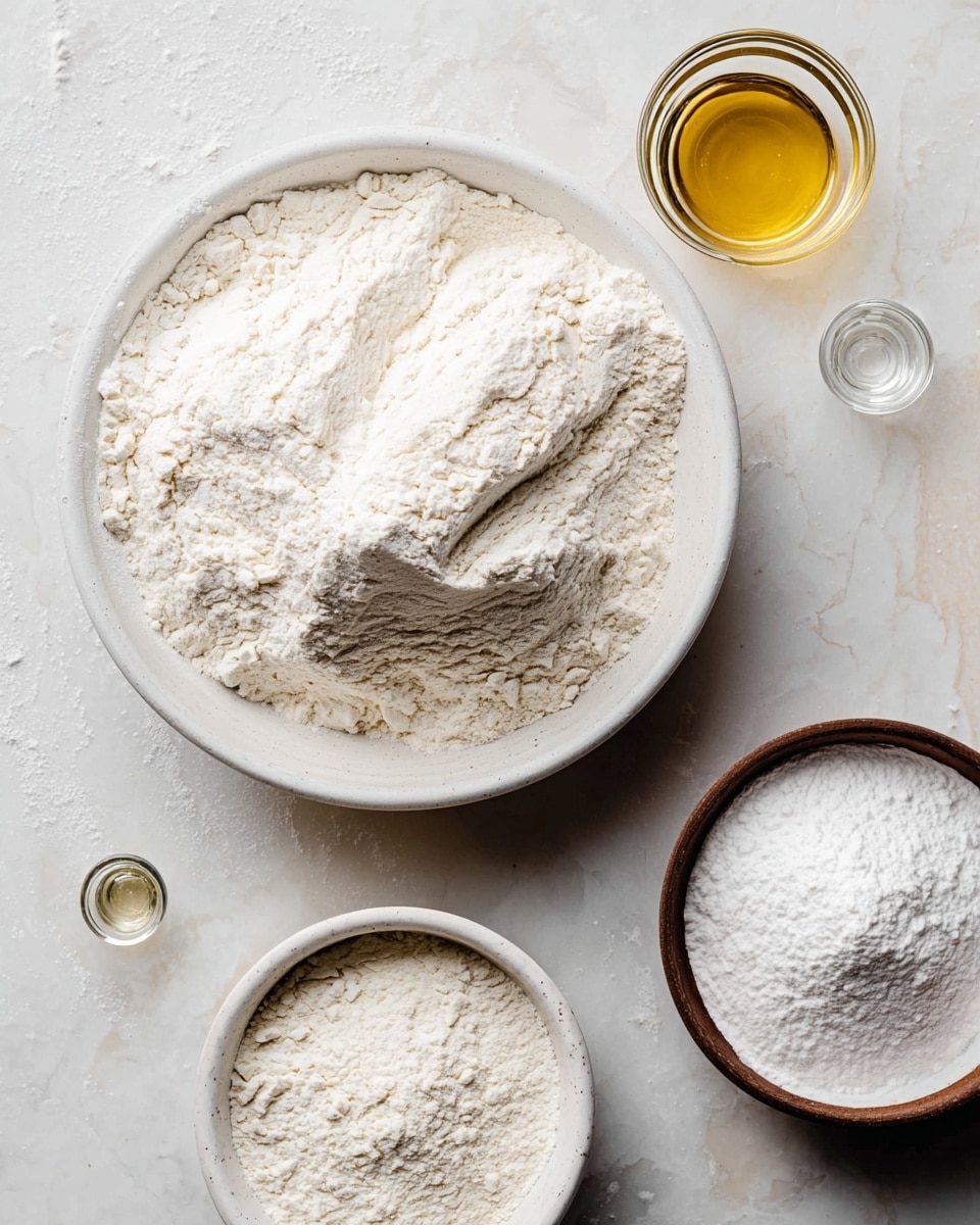The image shows several white bowls placed on a white marbled surface, each bowl filled with different baking ingredients. The largest bowl on the left is filled with a mound of light powdery flour, showing a slightly rough texture with some clumps. To the right, there is a smaller brown-edged white bowl containing a finer white powder. Another white bowl below it contains a similar white powder with a smooth texture. Above these bowls are two small clear glass containers, one filled with golden oil and the other with white liquid. The ingredients look ready to be mixed, creating a simple and clean baking setup. photo taken with an iphone --ar 4:5 --v 7