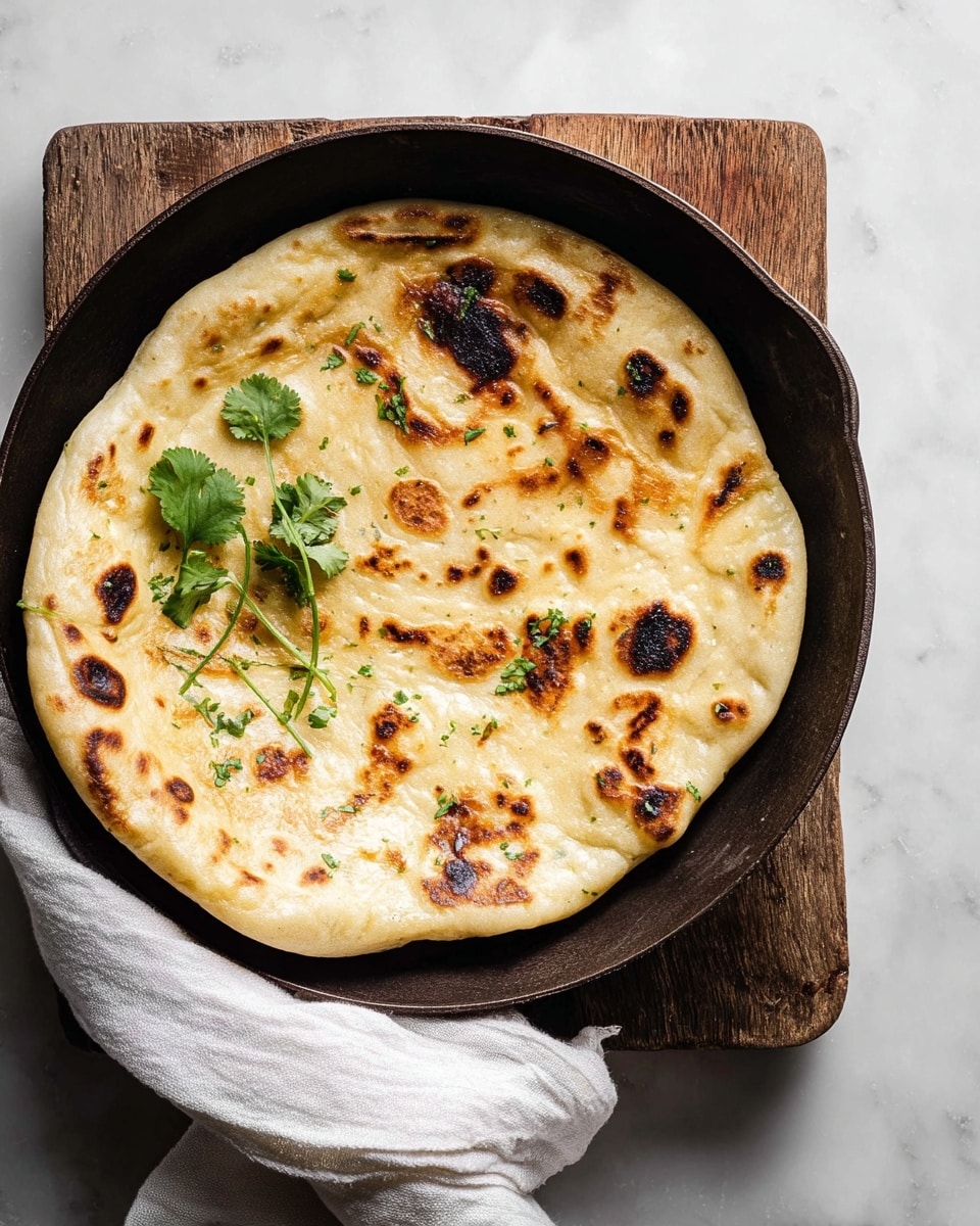A single round flatbread with uneven golden brown and darker char spots on the surface rests inside a dark skillet. The flatbread has a slightly puffed and soft texture with some small air bubbles. A few fresh green cilantro leaves are placed on top near the center left. The dark skillet is sitting on a rough light wooden board with a white cloth draped around the handle, all set on a white marbled surface. Photo taken with an iphone --ar 4:5 --v 7