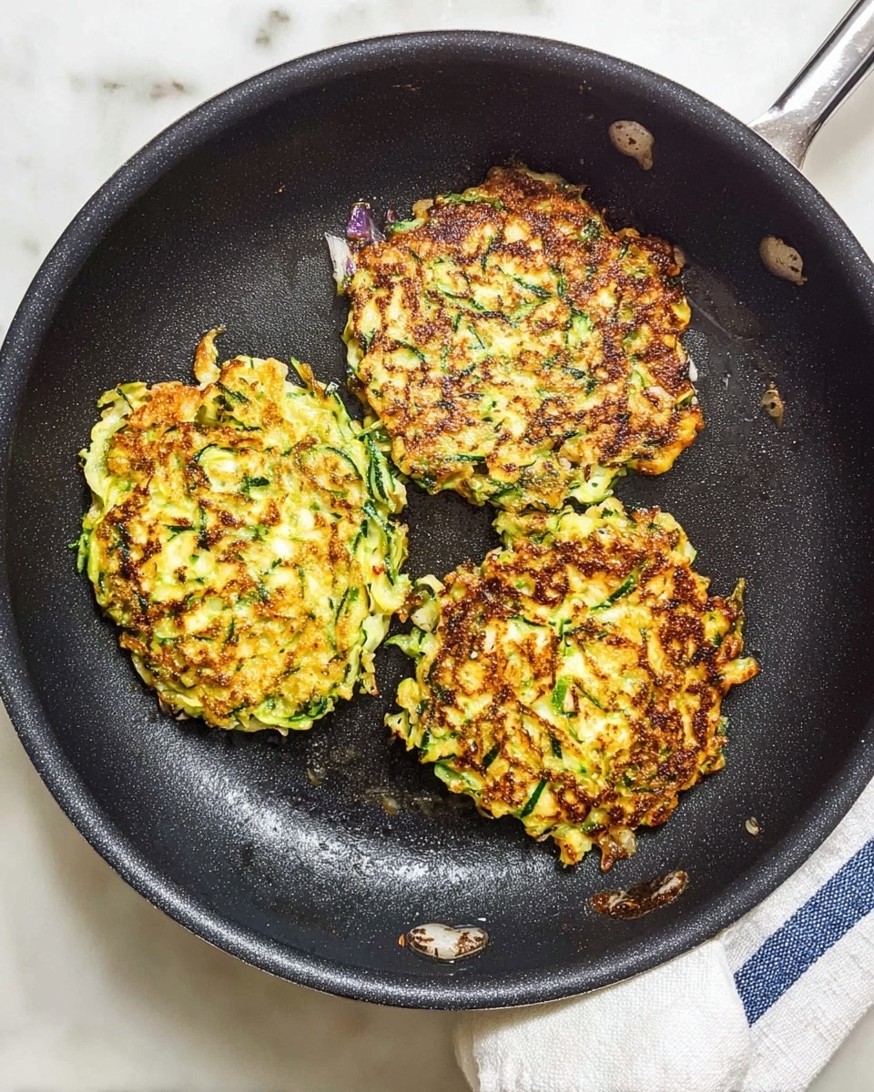 A black non-stick frying pan holds three golden brown vegetable pancakes. Each pancake is thick with a rough, uneven edge, showing green vegetable strands, likely zucchini, mixed with light yellow batter and small bits of white and purple ingredients scattered throughout. The pancakes have a crispy, slightly oily surface with some darker browned spots indicating a well-cooked texture. The pan sits on a white marbled surface, with a white cloth with blue stripes partially visible on the right side. photo taken with an iphone --ar 4:5 --v 7