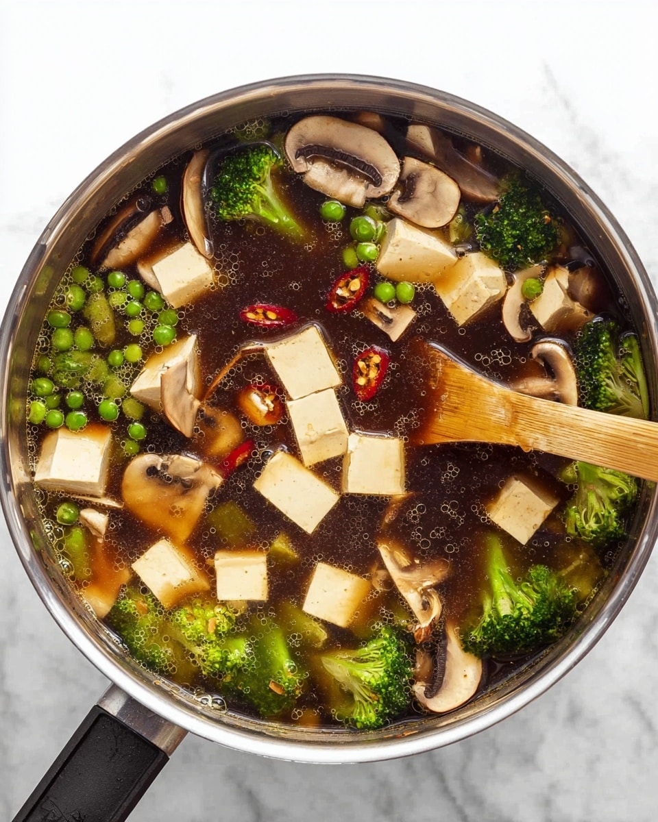 A pot filled with clear dark broth on a white marbled surface contains various visible ingredients in layers: light beige tofu cubes floating near the center, green broccoli florets and peas scattered throughout, and light brown sliced mushrooms spread evenly. A wooden spoon with a thin handle is partially dipped inside, stirring the ingredients. The broth has small bubbles and a slight sheen on the surface, with a few thin slices of chili pepper adding a touch of red. The pot is silver with a black handle, and the photo is taken from above. photo taken with an iphone --ar 4:5 --v 7