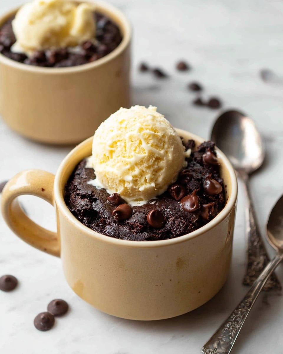 The image shows two light brown mugs filled with dark chocolate cake mixed with chocolate chips. The front mug has a scoop of pale yellow vanilla ice cream on top, melting slightly over the warm cake beneath. The chocolate cake has a moist and soft texture with shiny chocolate chips visible on the surface. These mugs are placed on a white marbled surface with a few scattered chocolate chips around them. To the right, there are two vintage silver spoons lying next to the mugs. The photo taken with an iphone --ar 4:5 --v 7
