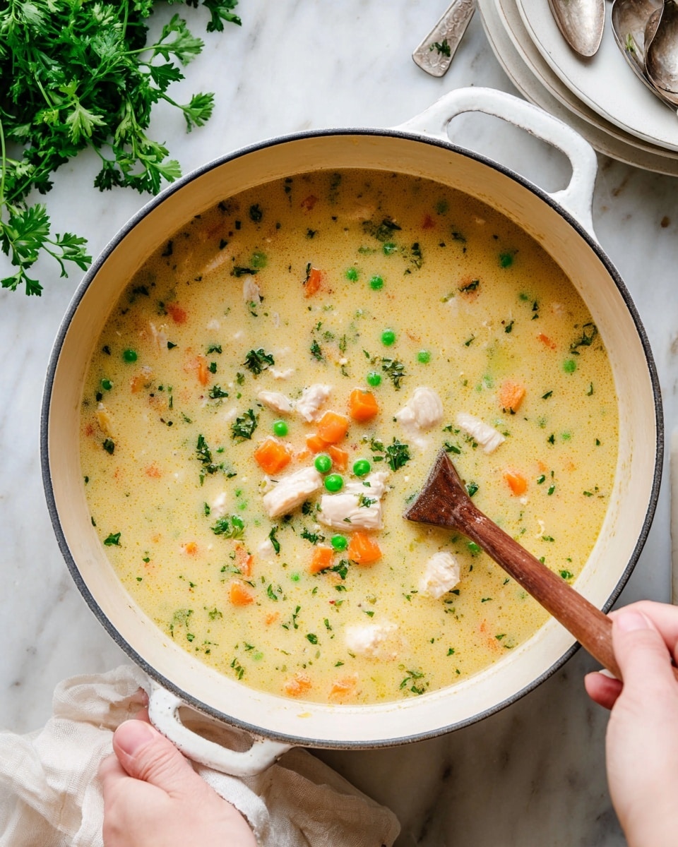 A white pot filled with a creamy light yellow soup containing visible chunks of white meat pieces, bright orange carrot cubes, and small green peas scattered evenly in the liquid; fresh green parsley bits float on the surface. A woman's hand holds the pot handle on the bottom left, while another woman's hand stirs the soup with a wooden spoon in the upper right. The pot sits on a white marbled surface with two stacked white plates and spoons in the upper right corner and some fresh parsley leaves in the upper left corner. Photo taken with an iphone --ar 4:5 --v 7