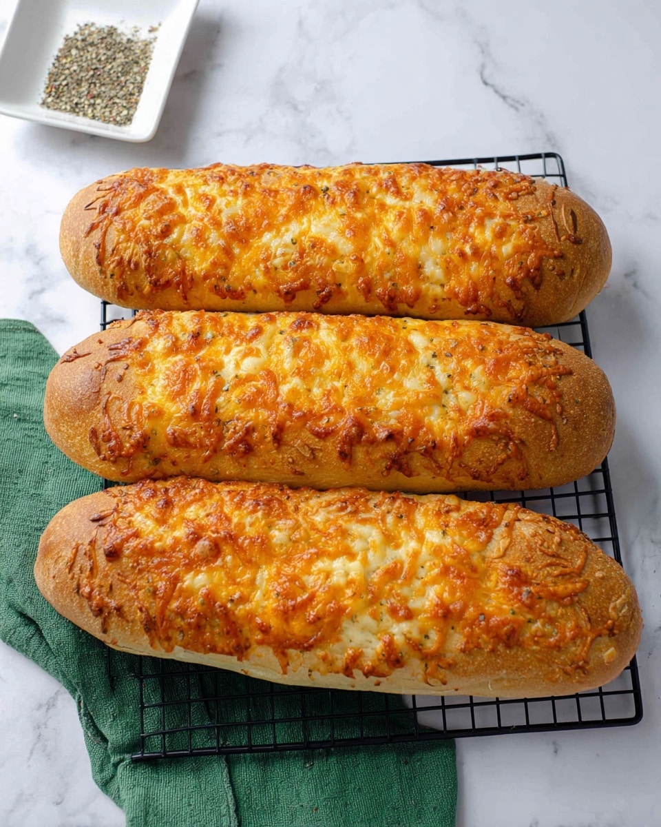 Three long bread loaves with melted orange cheese on top are placed side by side on a black wire cooling rack. The cheese appears crispy and browned in spots, covering the entire top surface of each loaf. The loaves have a golden brown crust and a slightly bumpy texture. The wire rack rests on a green cloth, all set on a white marbled surface. In the background, there is a white square dish with some mixed black and white pepper. photo taken with an iphone --ar 4:5 --v 7