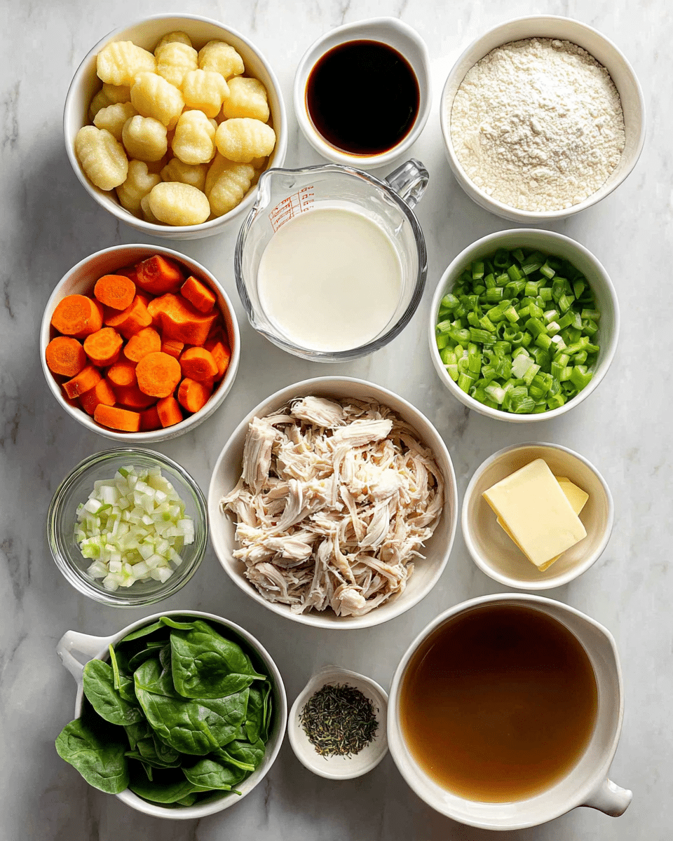 The image shows a top-down view of various ingredients placed in white bowls and containers arranged neatly on a white marbled surface. There are 11 containers in total: a bowl of gnocchi with a light yellow color and soft texture in the top left, a bowl of white flour above it, and a small bowl of dark soy sauce next to the flour. Below the soy sauce is a small bowl of mixed dried herbs, and next to it is a glass measuring cup filled with white milk. Moving downward, there is a small bowl of finely chopped garlic, a bowl filled with bright green chopped celery, and a bowl with finely chopped white onions. Near the center-bottom, there is a bowl with shredded cooked chicken in beige and light brown tones, and below it, a bowl of fresh green spinach leaves. To the right of the chicken is a small dish containing a square piece of pale yellow butter, and at the bottom right, a large glass measuring cup filled with brown broth. At the bottom left, there is a bowl of thinly sliced orange carrots. The whole setup is clean and organized with fresh, colorful ingredients clearly visible. Photo taken with an iphone --ar 4:5 --v 7