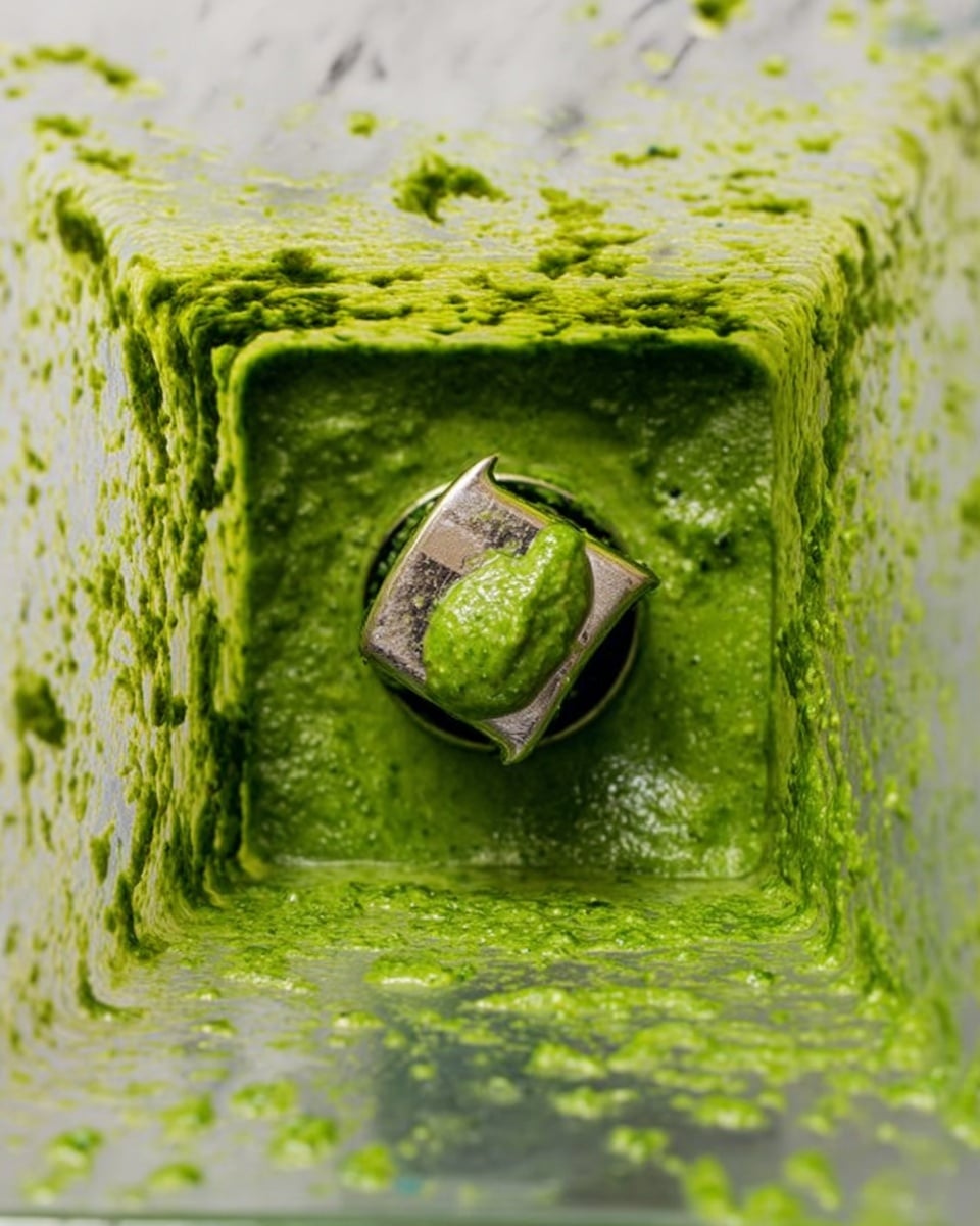 The image shows a close-up view inside a blender filled with a thick, green sauce. The sauce has a smooth but slightly textured surface with tiny darker green flecks throughout, sticking to the sides of the blender container. The center reveals a metal blade with two visible edges, surrounded by the vibrant green mixture. The blender’s interior creates a square shape with rounded corners, and the green sauce looks fresh and creamy. The photo was taken on a white marbled background. photo taken with an iphone --ar 4:5 --v 7