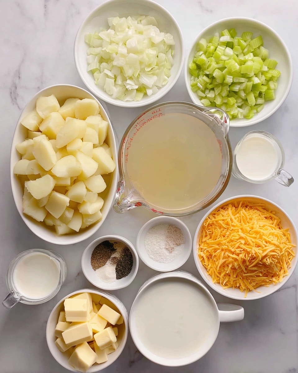 The image shows a close-up of a creamy, light yellow soup or sauce filling a white pot or pan. The surface is smooth with a few small bubbles. On top of the creamy base, there is a generous layer of shredded orange-yellow cheese evenly spread, with the texture looking soft and slightly curly. A wooden-handled ladle is partly dipped into the creamy layer on the right side, lifting some of the sauce. The background and surface are white with a marbled texture. Photo taken with an iphone --ar 4:5 --v 7
