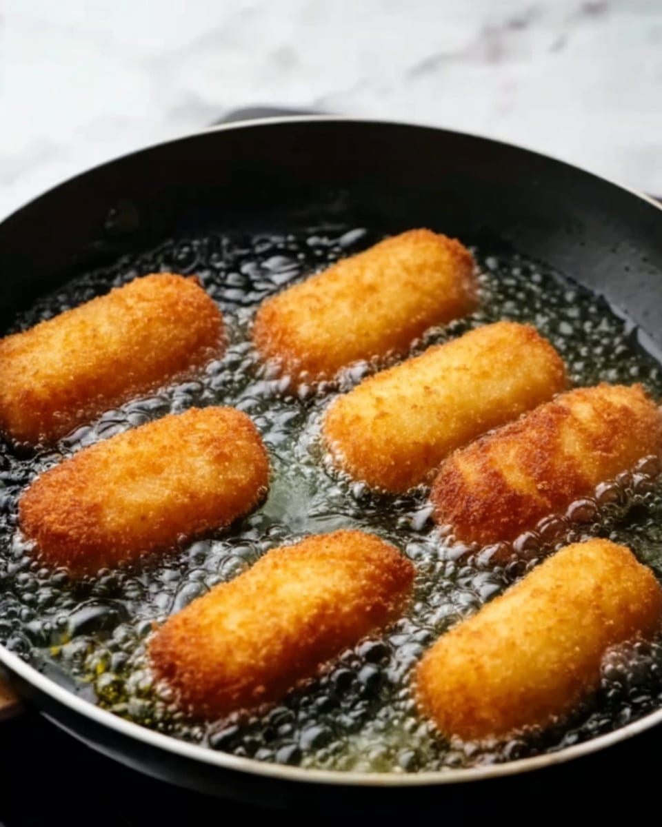 A black frying pan with six golden, crispy croquette rolls frying in bubbling hot oil, each piece evenly spaced and lightly browned, showing a crunchy texture on the outside. The pan sits on a stove with a soft, blurred white marbled background. The bubbling oil adds a glistening shine around the croquettes, highlighting their color and texture. photo taken with an iphone --ar 4:5 --v 7