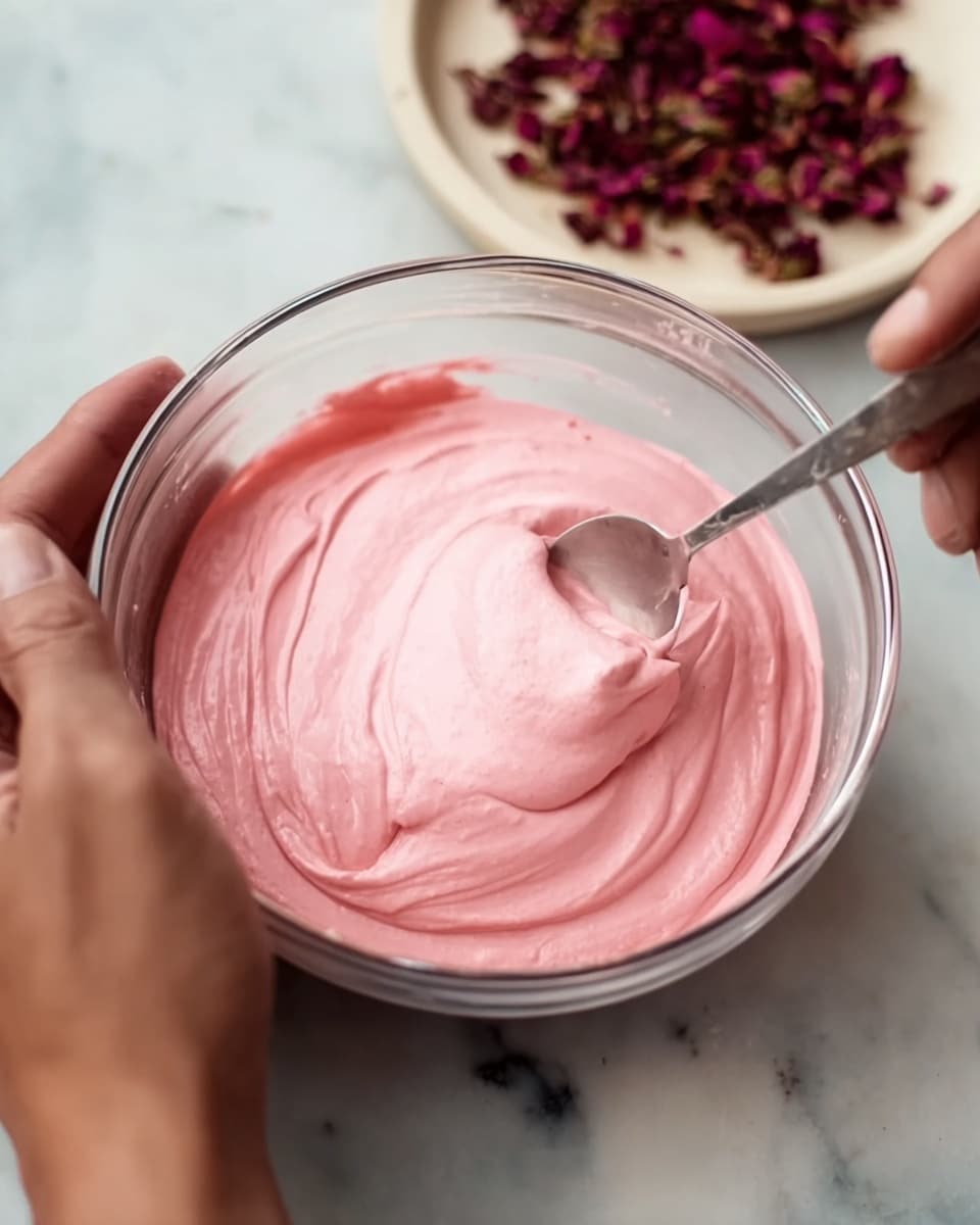 A clear glass bowl holds a smooth, thick pink cream, being stirred by a metal spoon held by a woman's hand inside the bowl. Another woman's hand steadies the bowl from the side. Behind the bowl, there is a white plate with dark red dried petals placed on a white marbled surface. The scene focuses on the creamy texture and the vibrant pink color in the bowl, with soft lighting highlighting the glossiness of the cream. photo taken with an iphone --ar 4:5 --v 7