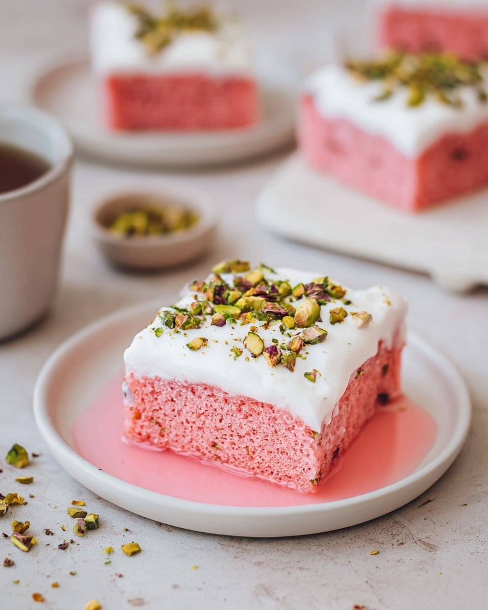 The image shows a square piece of pink cake with a thick white frosting layer on top. The cake is soft and moist with a spongy texture, and the white frosting is smooth and creamy. On the top, there are small pieces of green pistachios and some gold flakes scattered over the frosting. The cake sits on a white plate with a shallow pool of light pink liquid around it. The scene is set on a white marbled surface with some crushed pistachios sprinkled nearby and blurred background containing more cake pieces and small bowls. Photo taken with an iphone --ar 4:5 --v 7