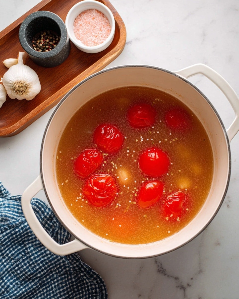 A white pot with two handles filled with a light brown tomato broth sitting on a white marbled surface, showing whole red tomatoes floating on top with a few small pieces of garlic and specks of black pepper dispersed in the liquid. Nearby, there is a wooden tray holding a small white container of pink salt and a black mortar with mixed peppercorns, along with a bulb of garlic resting on the surface. A blue and white checkered cloth is partially visible at the bottom left corner. Photo taken with an iphone --ar 4:5 --v 7