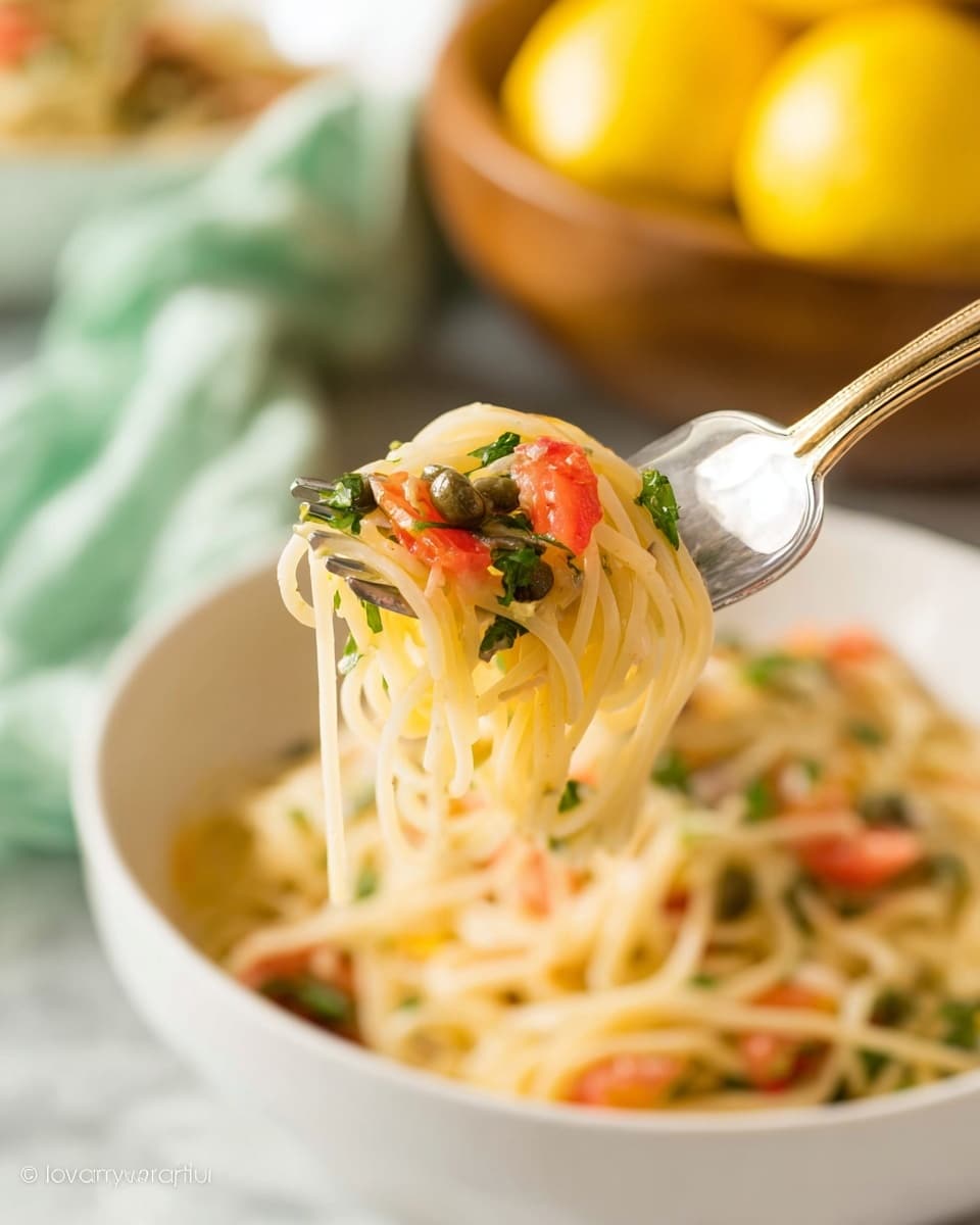 A close-up view of a fork holding a small bundle of thin spaghetti noodles mixed with small pieces of red tomato, green parsley, and small capers. The noodles are pale yellow and slightly glossy. In the background, there is a white bowl filled with more spaghetti, tomatoes, parsley, and capers, placed on a white marbled surface. Slightly blurred behind the bowl, there is a white bowl filled with bright yellow lemons. A soft green cloth napkin is partially visible. The lighting is bright and natural, highlighting the colors and crispy textures. Photo taken with an iphone --ar 4:5 --v 7