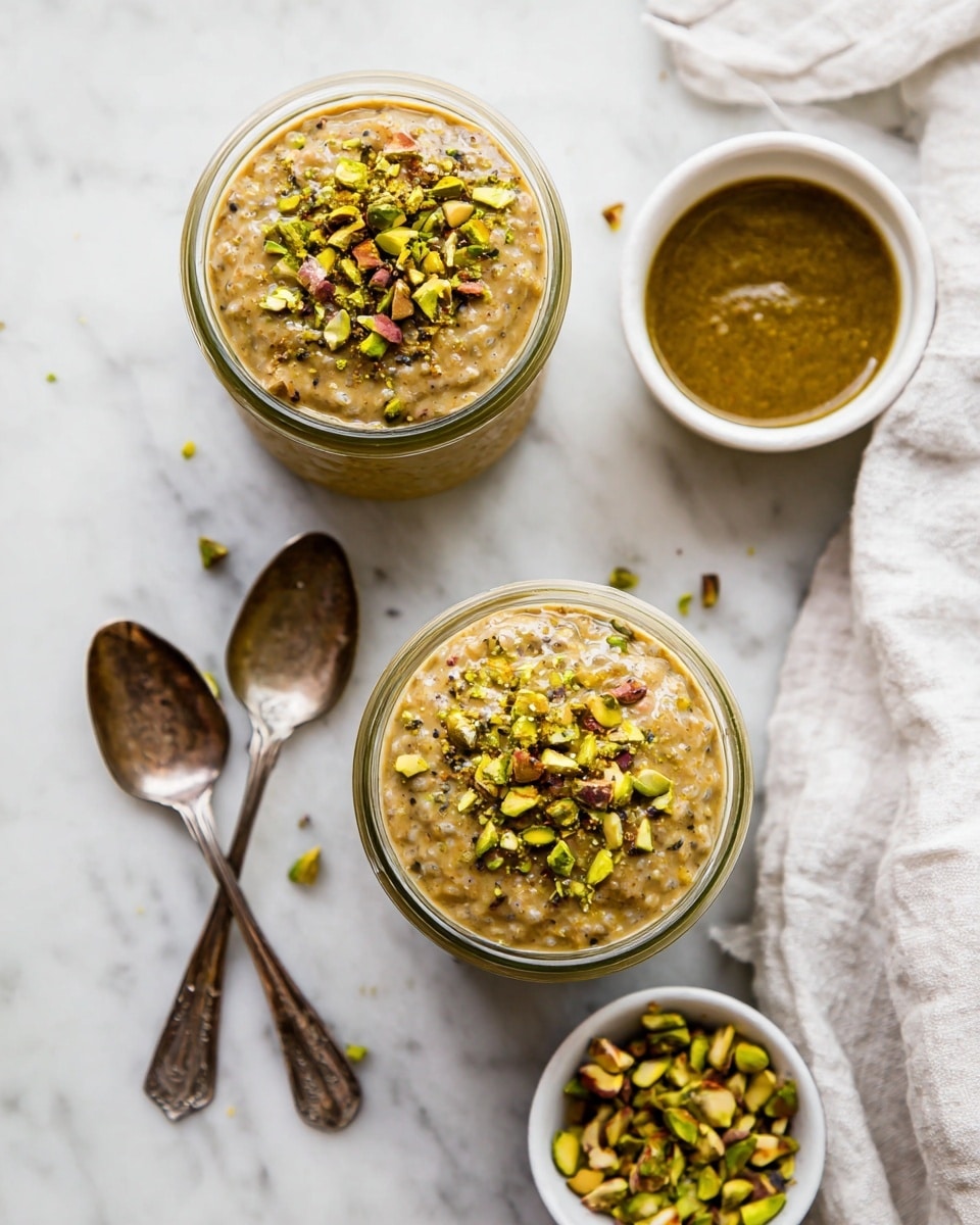 Two glass jars filled with a thick, light brown pudding mixed with small pieces of nuts and seeds, topped with a layer of chopped green pistachios. The jars sit on a white marbled surface, with one small white bowl of greenish-brown sauce above them and a small white bowl filled with chopped pistachios below to the right. To the left of the jars, two vintage silver spoons rest side by side on the surface, and a crumpled white linen cloth is seen in the top right corner. Photo taken with an iphone --ar 4:5 --v 7