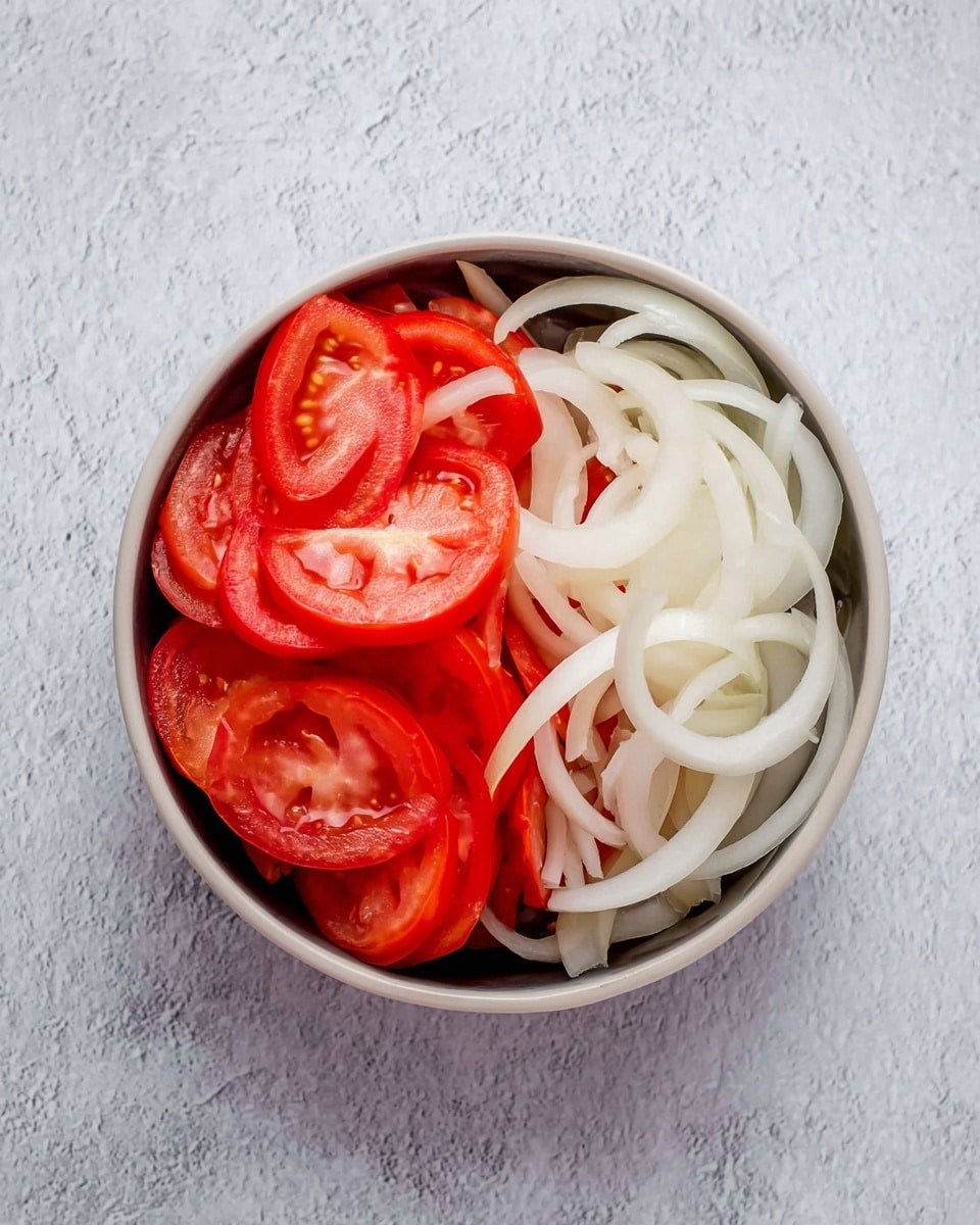 A round white bowl with two sections of fresh vegetables inside it, one half filled with bright red tomato slices showing their juicy texture and seeds, the other half filled with thin, curved white onion strips that have a smooth, slightly shiny surface. The bowl sits on a white marbled textured surface, seen from above, with the vegetables clearly divided in the bowl photo taken with an iphone --ar 4:5 --v 7