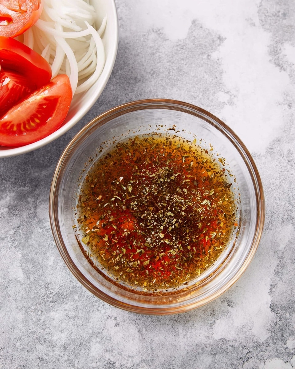 A clear glass bowl sits at the center on a white marbled surface, filled with a thin layer of brown liquid mixed with visible small green and brown herbs floating throughout. To the left, a white bowl holds sliced bright red tomato wedges resting on a bed of pale white onion slices. The background is softly textured with the white marbled surface extending beneath the bowls, creating a clean and fresh setting. photo taken with an iphone --ar 4:5 --v 7