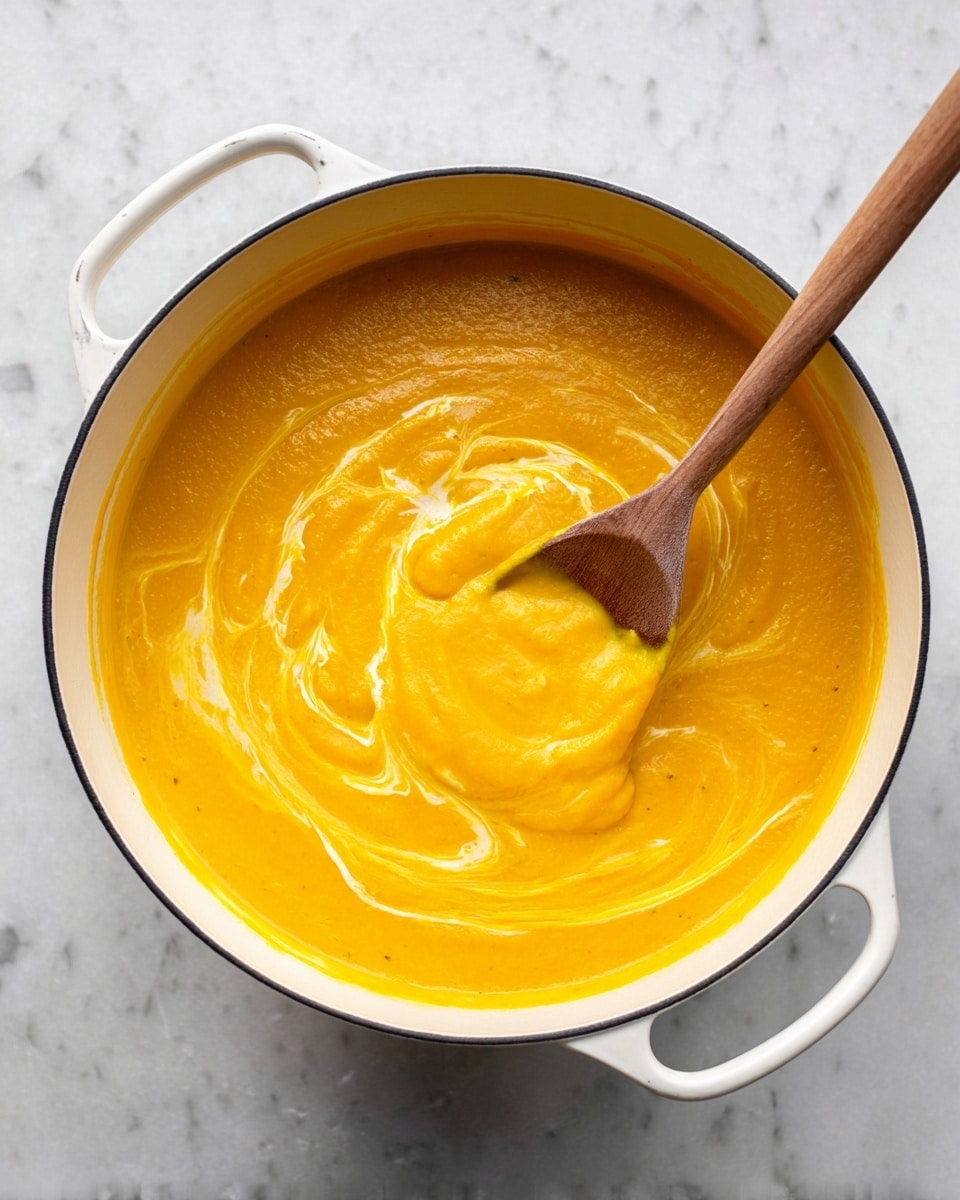 A white pot with two handles holds a smooth, thick soup that is bright orange-yellow in color. The soup has a creamy texture with small swirls of lighter cream mixed in. A wooden spoon is partially dipped into the soup on the right side, lifting some of it, showing its soft and velvety surface. The pot sits on a white marbled surface. photo taken with an iphone --ar 4:5 --v 7