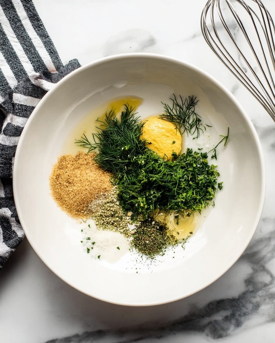 A white bowl sits on a white marbled surface filled with several ingredients layered without mixing. On the bottom left, there is a light brown granulated spice. Above it, dark green fresh dill is clustered in the middle. To the right of the dill, there is a small dollop of yellow mustard. Below the mustard, a small amount of pale yellow honey spreads out slightly. Another small pile of a green herb is next to the honey. There is also a sprinkling of black pepper near the mustard. A silver whisk is placed on the surface just outside the bowl on the right side. Part of a striped black and white cloth is visible on the left edge of the image. Photo taken with an iphone --ar 4:5 --v 7