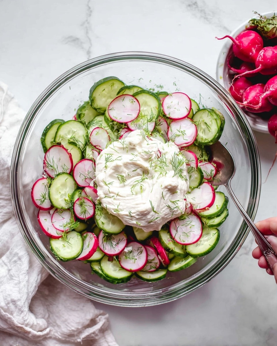 A clear glass bowl holds a fresh salad with two main layers: the bottom layer is thinly sliced cucumbers showing a green skin and pale green inside, mixed with thinly sliced radishes that have white centers and bright pink edges, all lightly sprinkled with small green dill pieces. On top of this is a thick, creamy white dollop of sauce placed in the center. The bowl sits on a white marbled surface next to a white cloth and a small white bowl holding whole radishes with red-pink skin and root ends. A silver spoon is partially inside the glass bowl, and a woman's hand is holding the bowl. Photo taken with an iphone --ar 4:5 --v 7