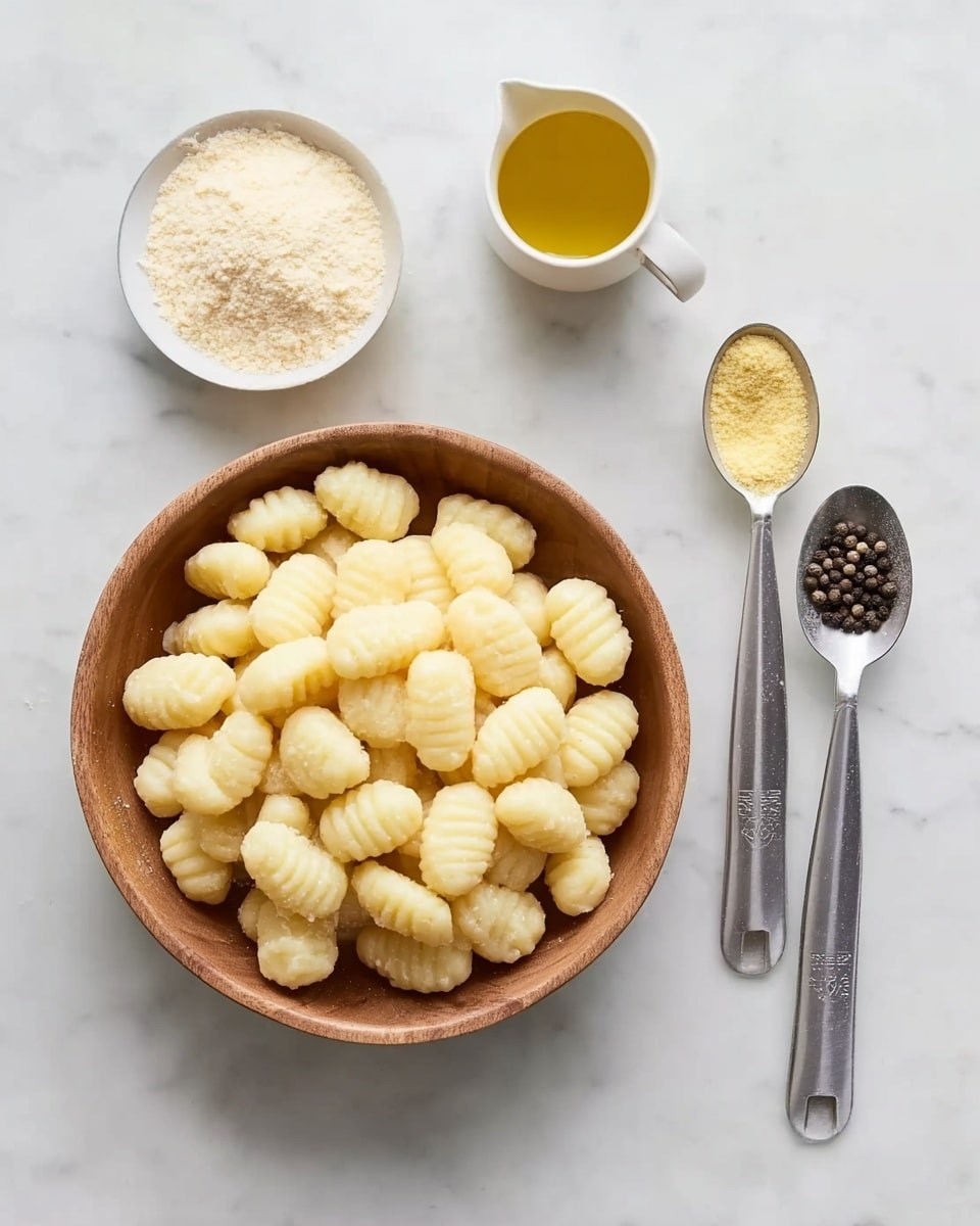 A wooden bowl is filled with pale yellow gnocchi, each piece small and softly ridged, sitting on a white marbled surface. To the top right of the bowl is a small white cup with golden olive oil inside. Below and to the left of the bowl is a small white bowl holding a light beige powder, likely cheese. On the right side, there are three metal measuring spoons lined up next to each other, holding black peppercorns, white salt, and a yellow powder, possibly garlic powder, from left to right. The scene is well lit and simple, with no other objects around photo taken with an iphone --ar 4:5 --v 7