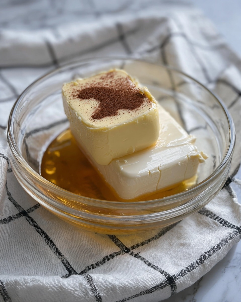 A clear glass bowl shows two thick blocks of cream, one pale yellow and the other white with a small pile of dark brown powder on top. Both blocks rest on a pool of shiny golden syrup at the bottom of the bowl. The bowl sits on a white marbled surface covered by a white cloth with black grid lines. The photo taken with an iphone --ar 4:5 --v 7