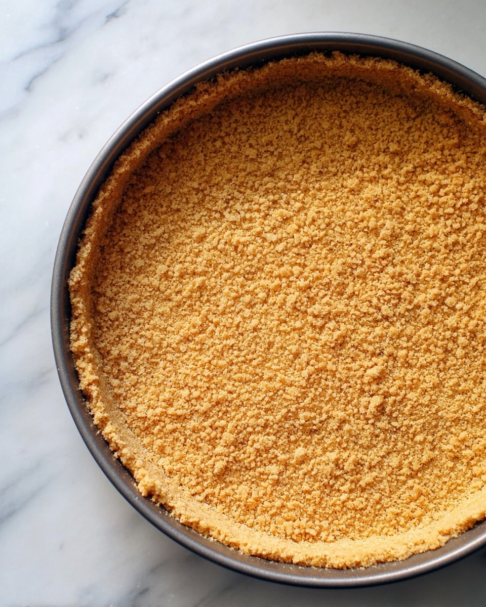 A close-up view of a single-layered golden brown crumb crust pressed evenly into a round metal springform pan. The textured crust covers the entire bottom and sides of the pan with a slightly uneven edge. The pan sits on a white marbled surface, showing the fine crumb detail and firm touch of the crust. Photo taken with an iphone --ar 4:5 --v 7