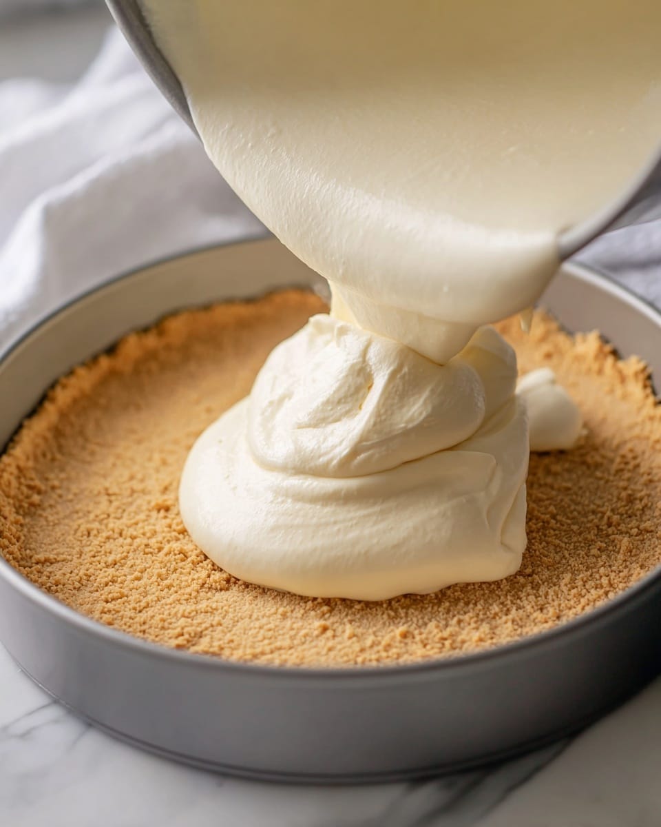 A close-up view of a creamy, thick white mixture being poured from a large container into a single layer of golden brown crumb crust inside a white round pan. The crust has a rough, grainy texture that lines the bottom and sides of the pan evenly. The creamy mixture looks smooth and soft, slowly filling the crust with a flowing motion. The pan rests on a white marbled surface with a white cloth slightly visible nearby. photo taken with an iphone --ar 4:5 --v 7
