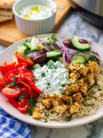 Instant Pot Chicken Souvlaki Rice with Greek Salad and Tzatziki Recipe