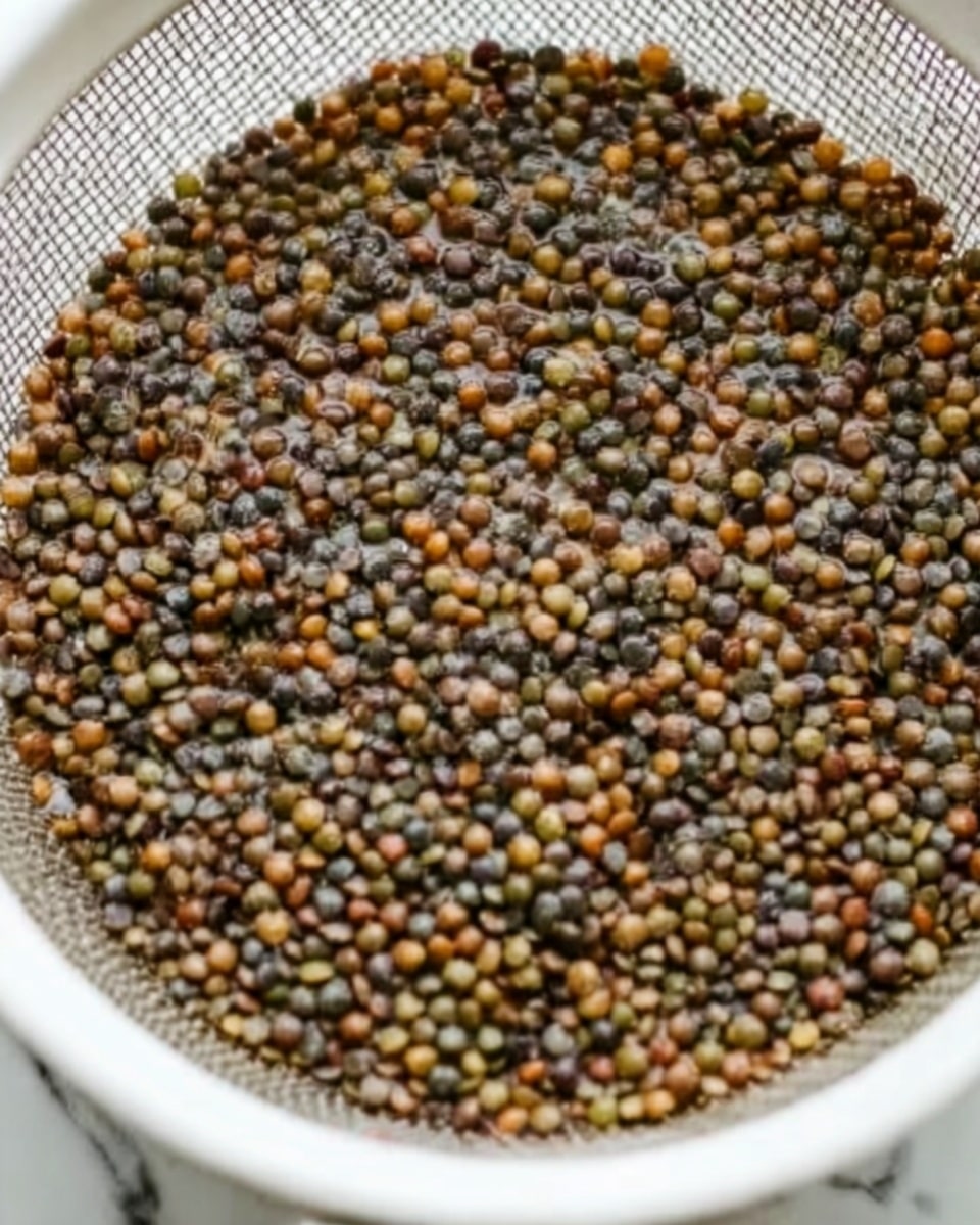 The image shows a close-up view of a white colander filled with small, round lentils in different shades of brown, green, and black, soaking in water. The lentils cover the entire visible part of the colander, and the water creates a shiny, wet texture over them. The background is a white marbled surface that gives a clean and bright feel to the scene. photo taken with an iphone --ar 4:5 --v 7