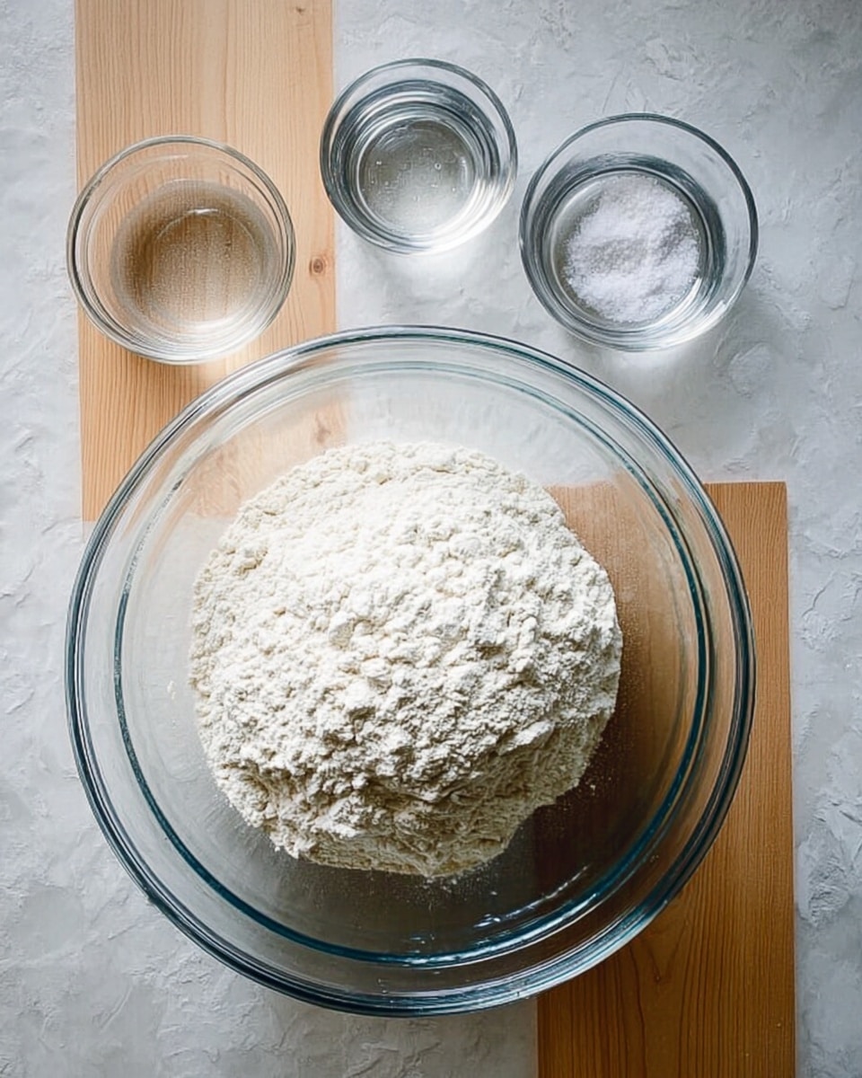 A large clear glass bowl is in the center filled with a mound of white flour. Around it, there are three small clear glass containers: one with water, one with light gray yeast, and one with white salt. The setting is on a wooden table, but with the surface changed to a white marbled texture. The scene is simple and clean, showing ingredients ready for baking. photo taken with an iphone --ar 4:5 --v 7