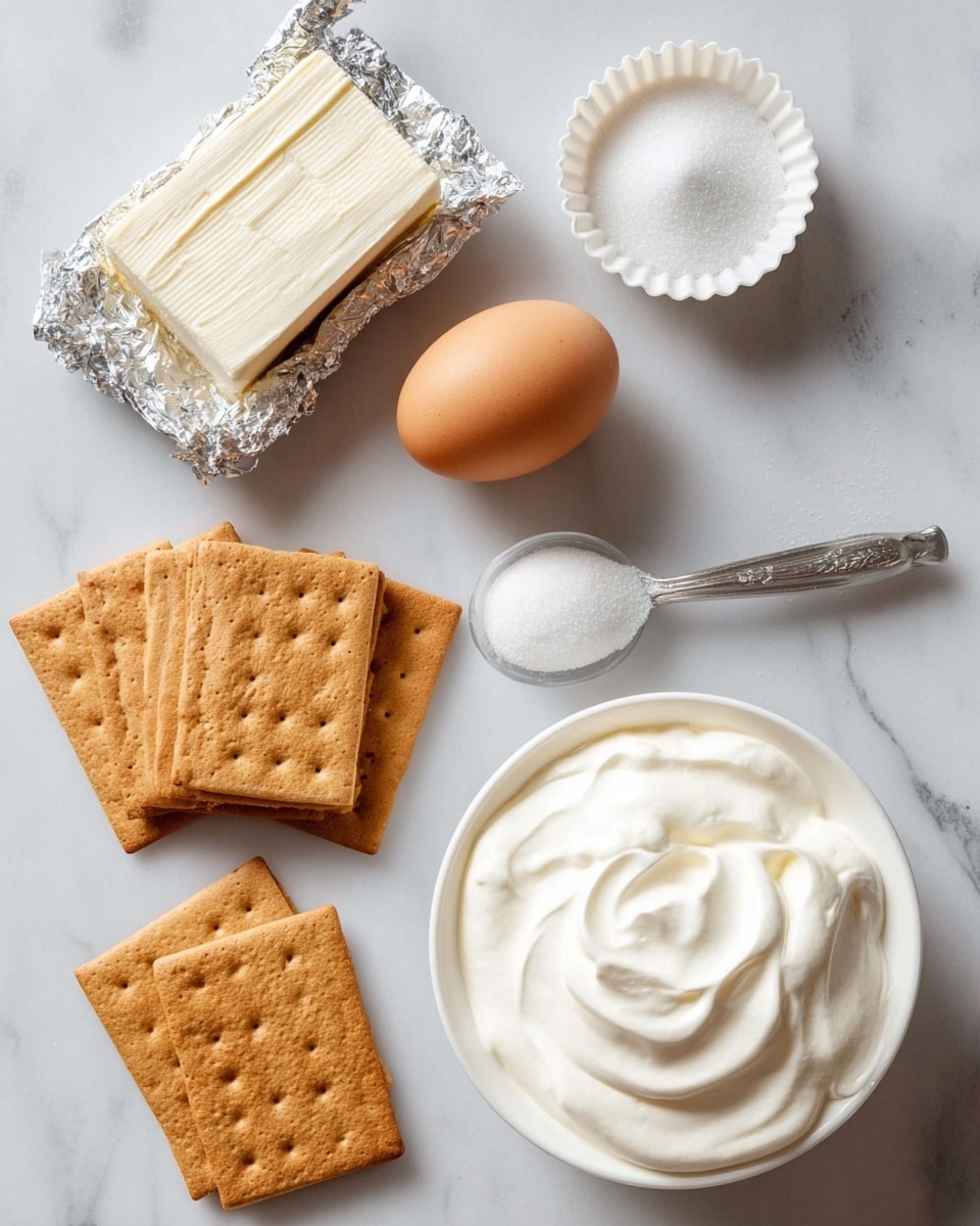 The image shows a top view of baking ingredients laid out on a white marbled surface. There are light brown rectangular graham crackers stacked in two groups, one larger stack in the bottom left corner and a smaller one towards the center right. Two brown eggs sit separately, one in a white cupcake liner near the middle left and the other on a small white ramekin filled with sugar near the top right. A block of cream cheese partially wrapped in silver foil is in the top left corner. A small spoon holding a white powdery substance rests on the edge of an open white bowl filled with smooth, creamy white whipped topping in the bottom right. The colors are neutral and soft, with a clean and simple layout. Photo taken with an iphone --ar 4:5 --v 7