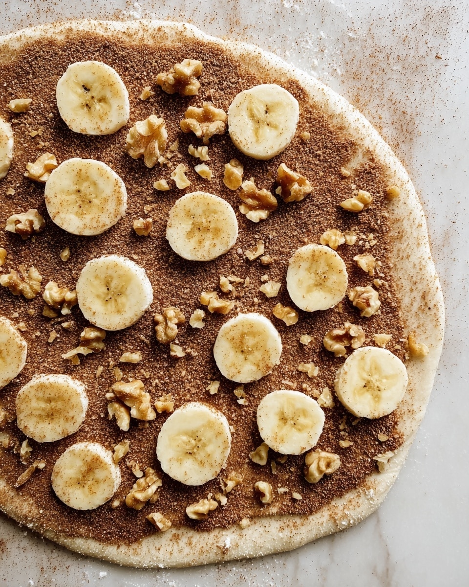 A flat dough layer with light beige color is spread out on a white marbled surface, covered evenly with a thick layer of finely ground brown cinnamon sugar. On top of the cinnamon sugar, there are several round slices of banana placed all over, each slice pale yellow with a soft texture. Scattered among the banana slices are small pieces of chopped light brown walnuts adding a rough texture and varied color contrast. The edges of the dough are slightly uneven and dusted with some flour. Photo taken with an iphone --ar 4:5 --v 7