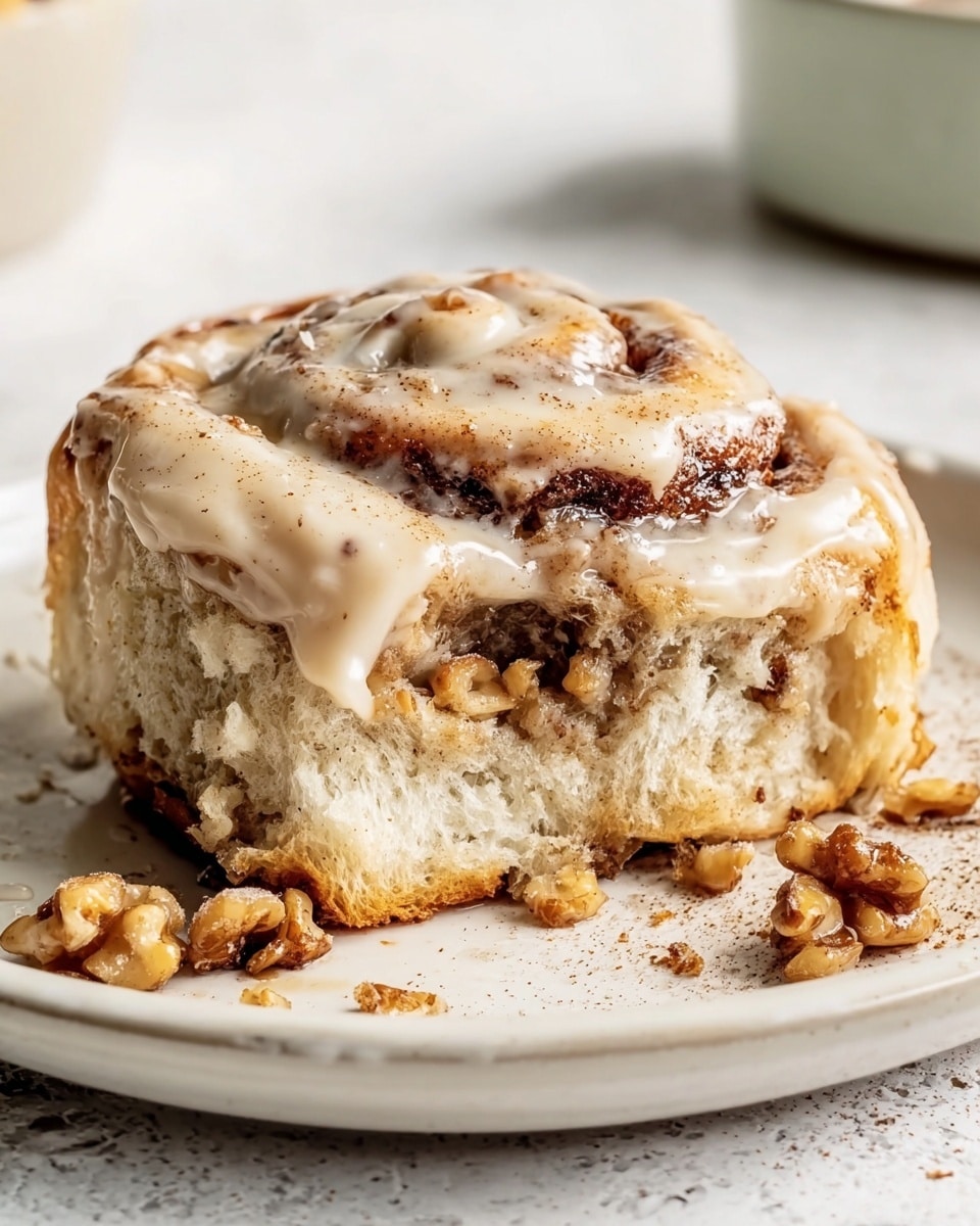 A soft cinnamon roll with three visible layers sits on a white plate with a white marbled texture surface. The bottom layer is a light, fluffy bread with a slightly spongy texture, the middle layer shows a dark, melted cinnamon swirl mixed with bits of walnuts, and the top layer is a thick, creamy beige glaze with specks of cinnamon spread unevenly but generously. Some crumbs and small smears of cinnamon filling are around the base where a piece has been taken from the roll. Photo taken with an iphone --ar 4:5 --v 7