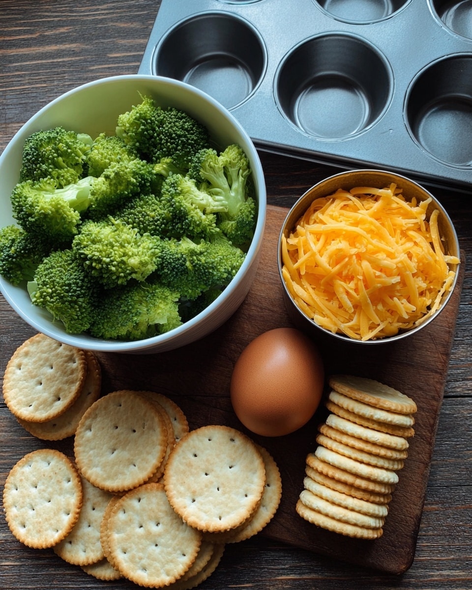 The image shows a white bowl full of fresh, bright green broccoli florets on the left side. Next to it, there is a metal cup filled with shredded orange cheddar cheese, placed on a dark wooden surface. In front of the cheese cup, there is a whole brown egg resting on the table. On the right side, several light beige round crackers are spread out, some stacked on top of each other. Behind these ingredients is a gray metal muffin tray with empty round slots, all placed on the dark wooden surface. The overall setting is simple and clear, with the ingredients ready to be used. photo taken with an iphone --ar 4:5 --v 7