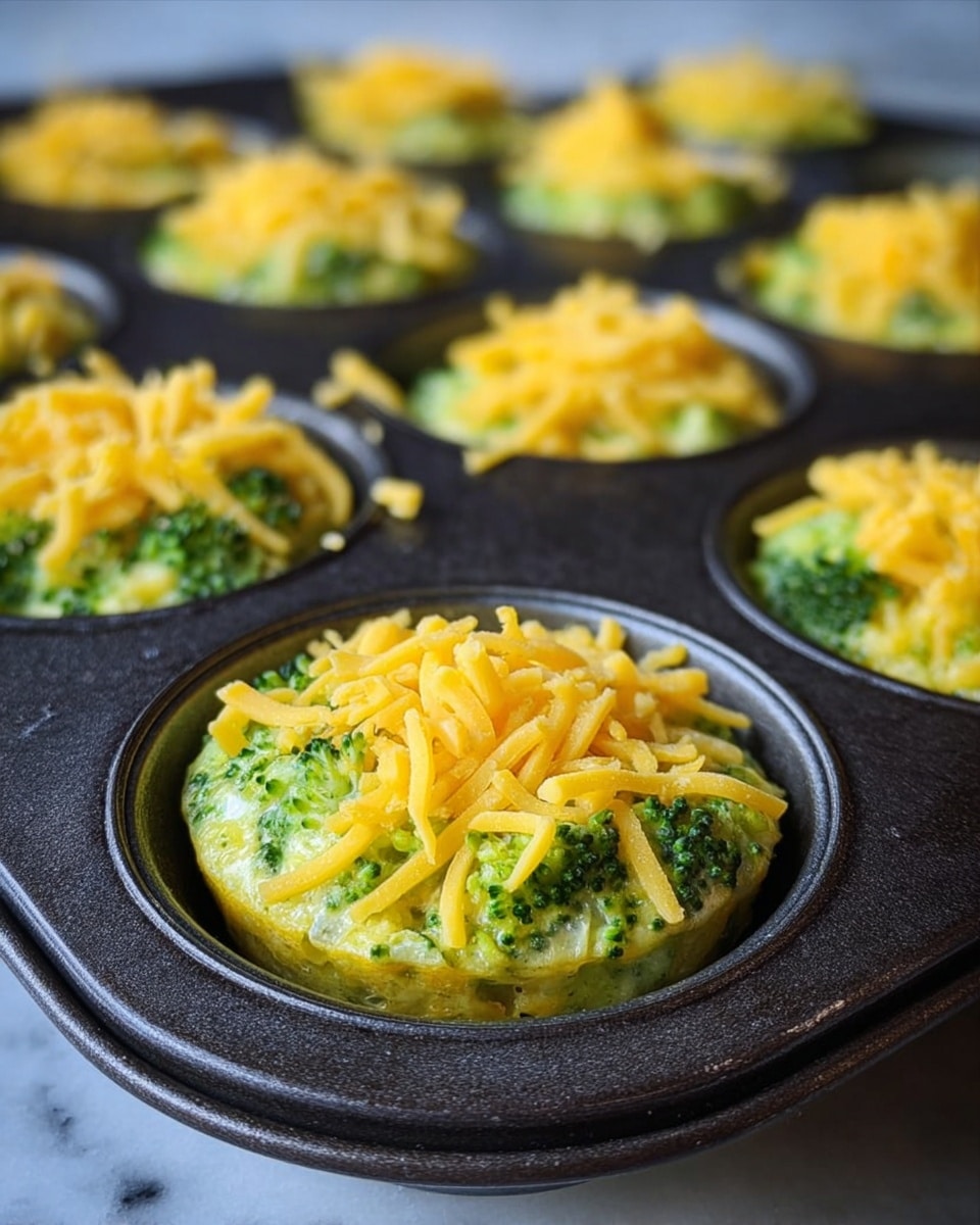 A close-up image of a dark metal muffin tray filled with small broccoli and cheese egg muffins. Each muffin has two visible layers: the bottom layer is a thick mixture of green broccoli and light yellow beaten eggs, textured with small broccoli florets and bits of egg, and the top layer is bright yellow shredded cheese sprinkled on each muffin. The muffins fill each cup almost to the rim. The photo is taken at an angle showing the front muffin clearly in focus with others softly blurred in the background. The tray is set on a white marbled surface photo taken with an iphone --ar 4:5 --v 7